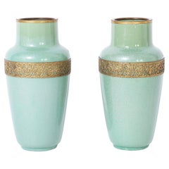 Antique Pair of French Art Deco Green Vases by Sarrequemines