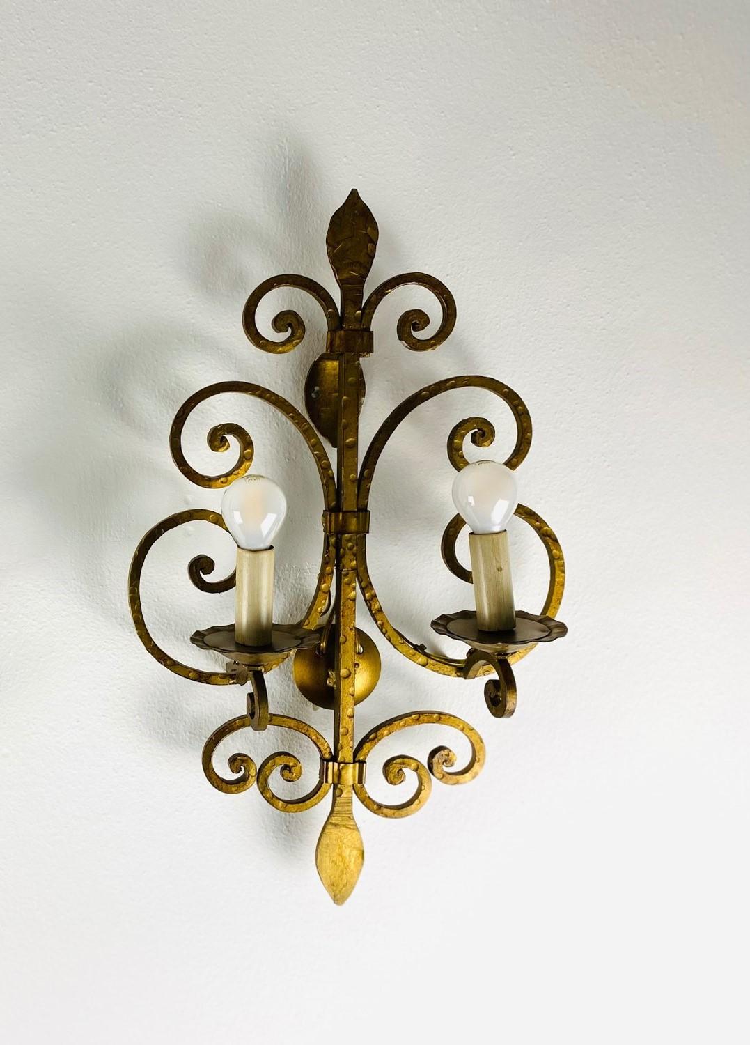 Gilt Pair of French Wrought Iron Two-light Wall Sconces, 1930s For Sale
