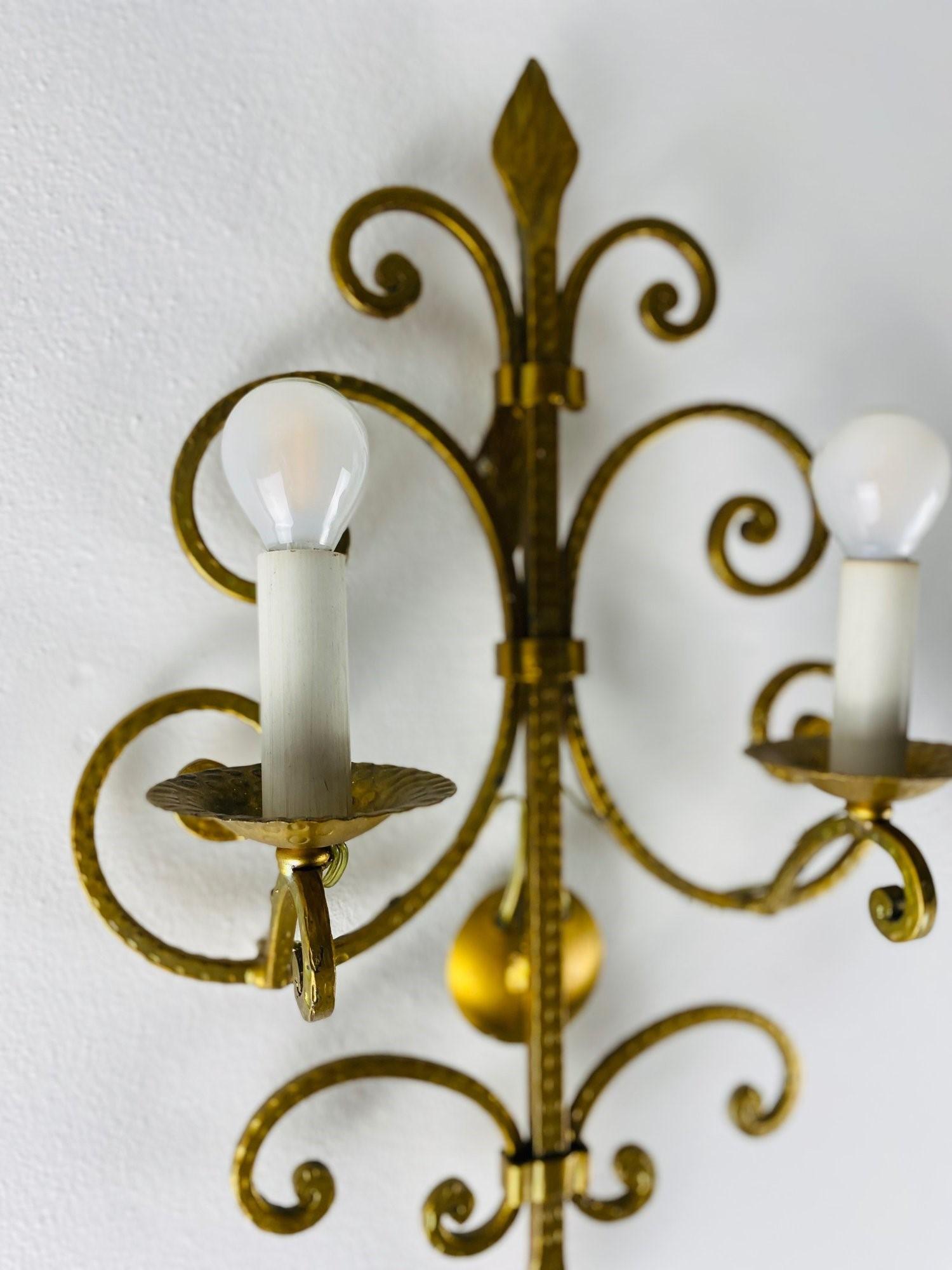 20th Century Pair of French Wrought Iron Two-light Wall Sconces, 1930s For Sale