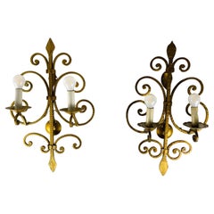 Pair of French Art Deco Hand-Hammered Gilt Iron Two-light Wall Sconces, 1920s