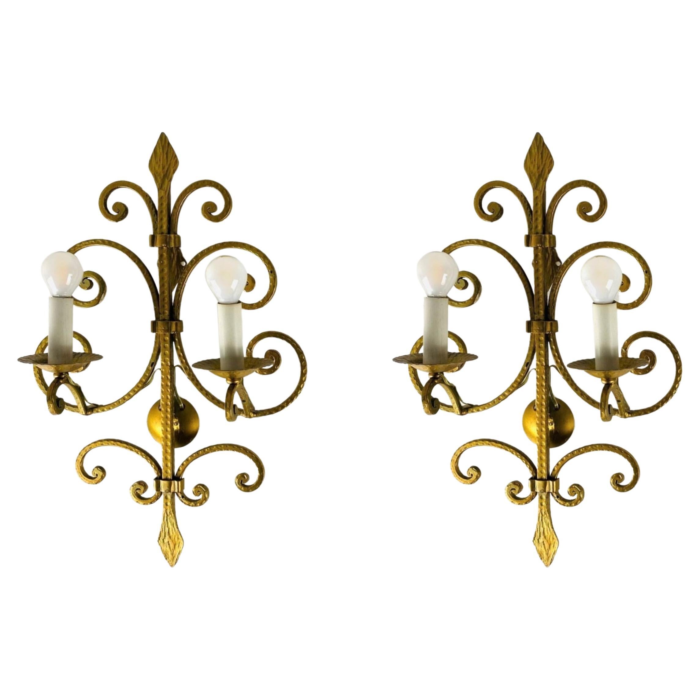 Pair of French Wrought Iron Two-light Wall Sconces, 1930s For Sale