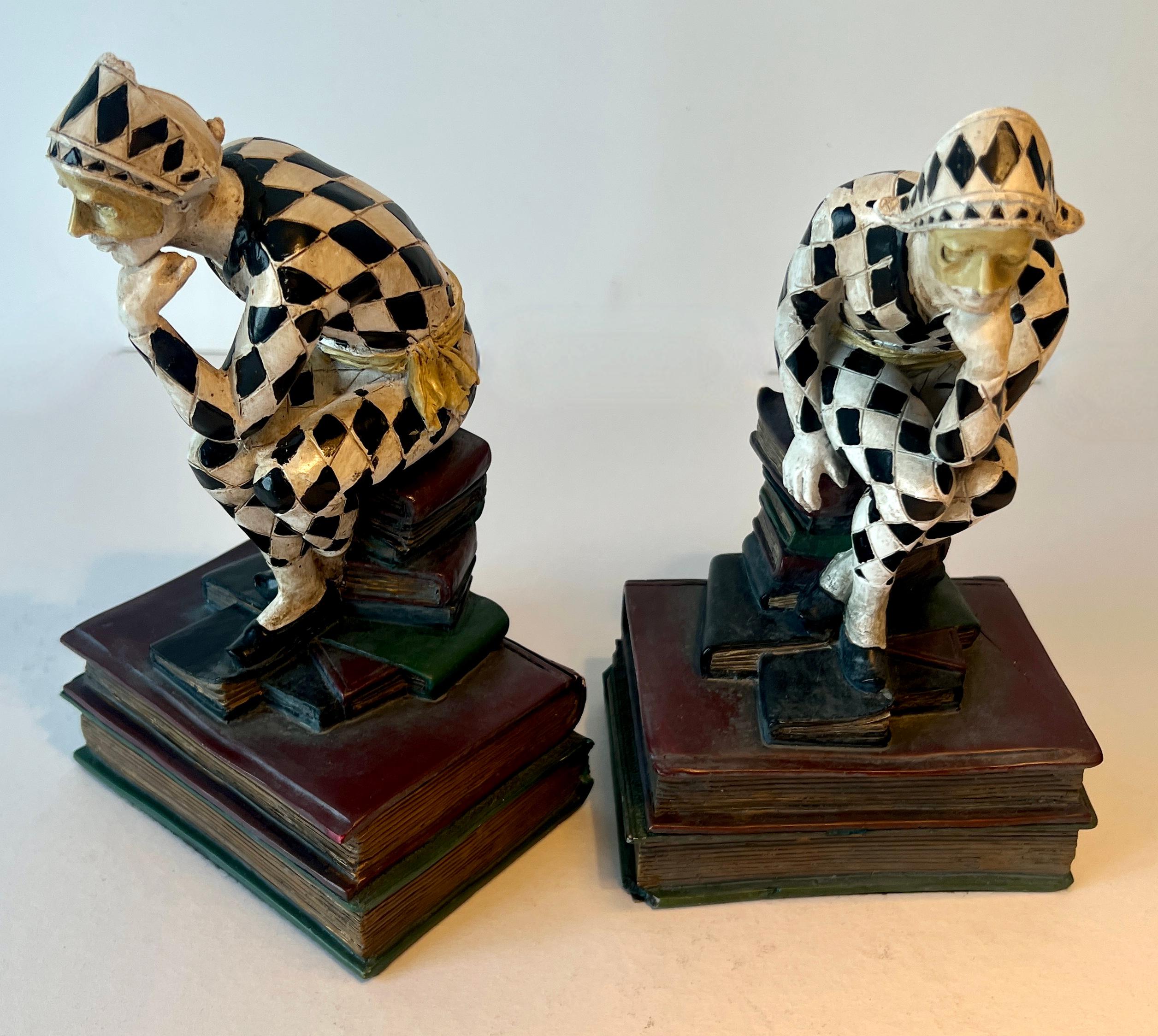 Pair of French Art Deco Hand Painted Harlequin or Jester Bookends For Sale 3