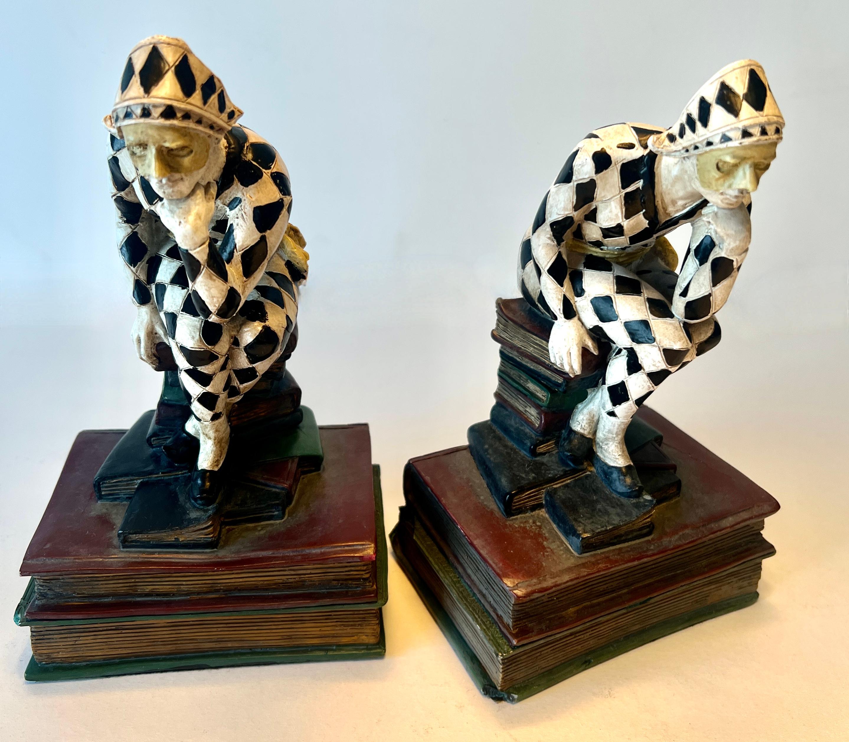Pair of French Art Deco Hand Painted Harlequin or Jester Bookends For Sale 4