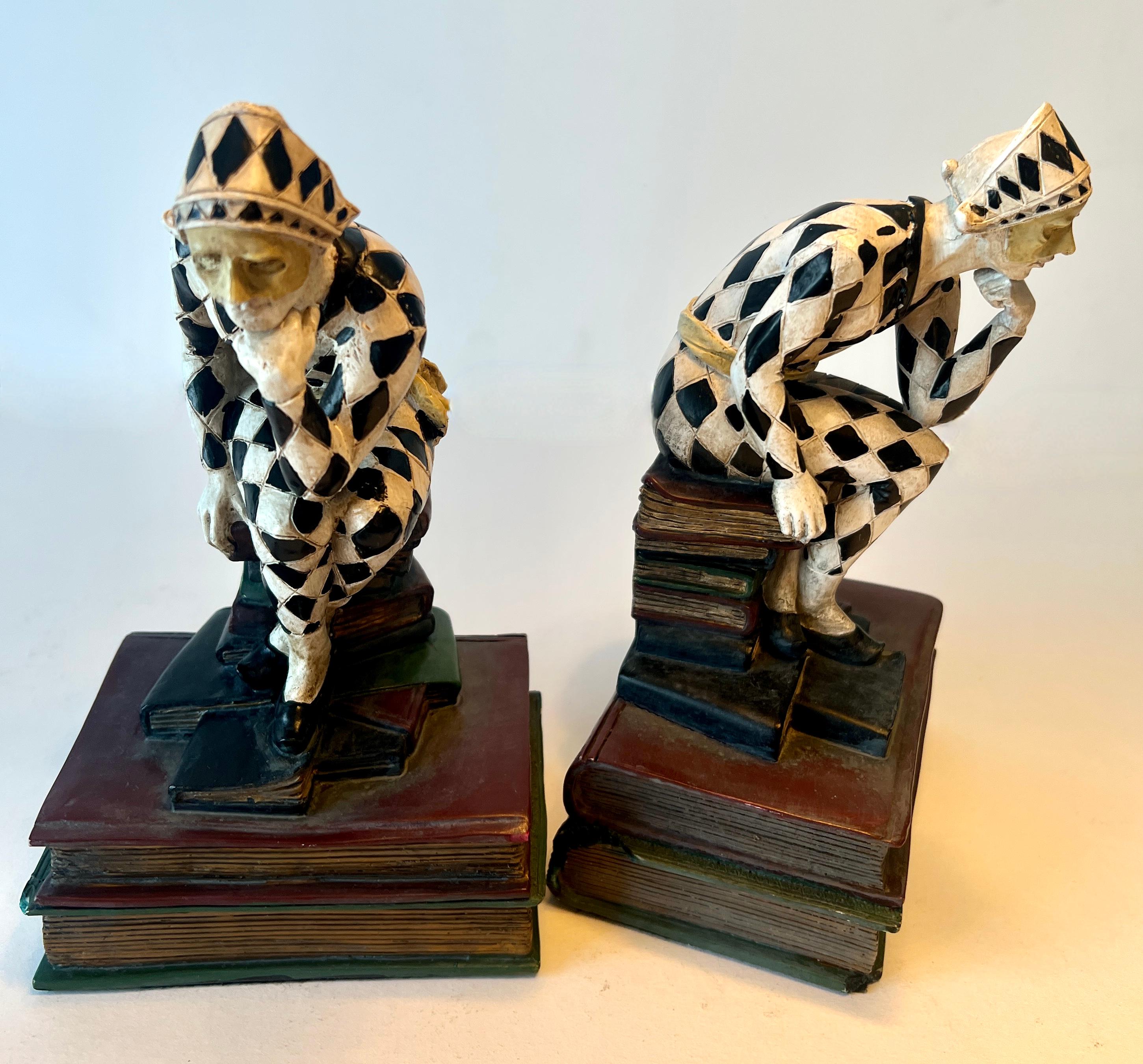 Pair of French Art Deco Hand Painted Harlequin or Jester Bookends For Sale 5