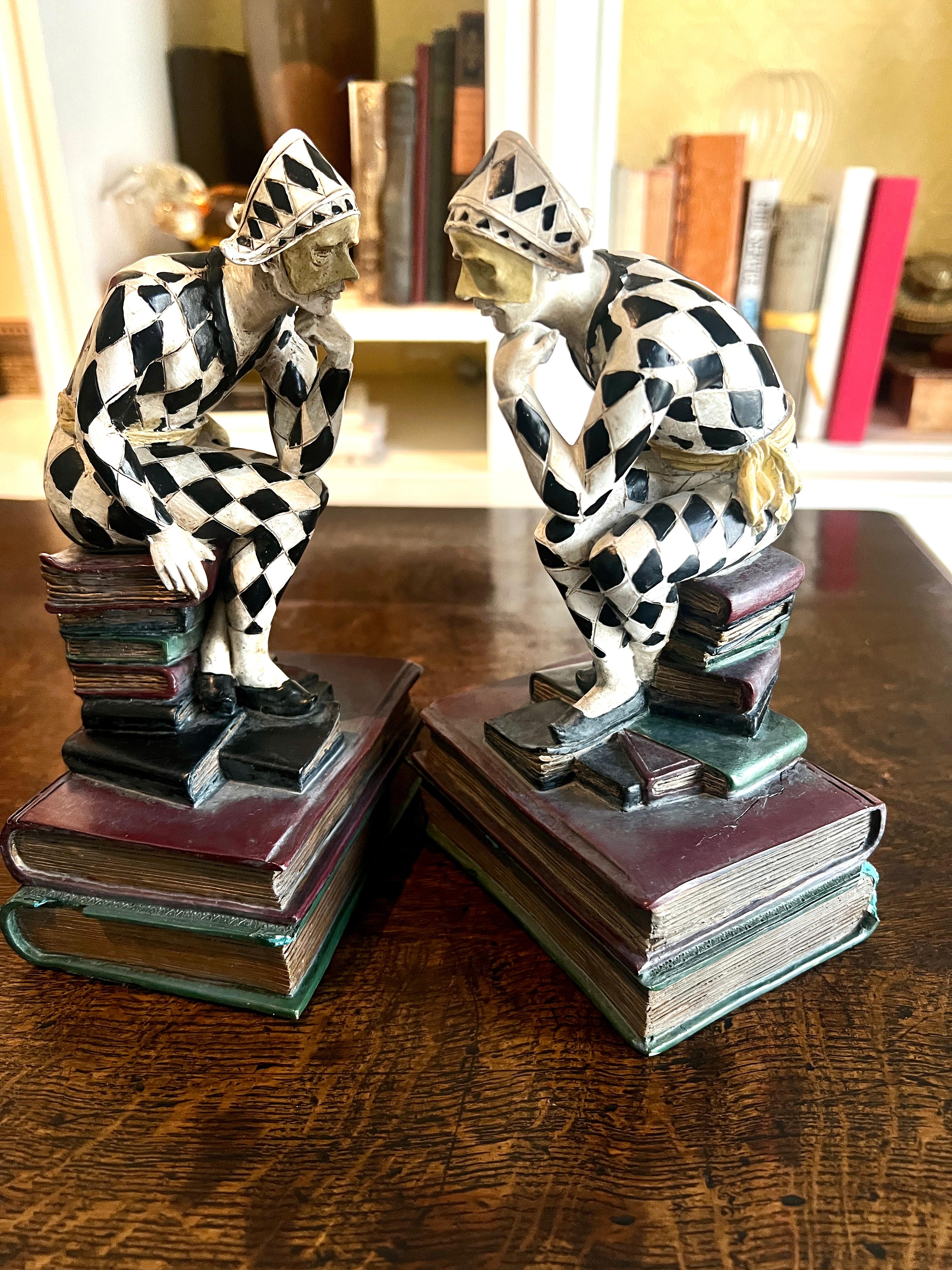 Mid-Century Modern Pair of French Art Deco Hand Painted Harlequin or Jester Bookends For Sale