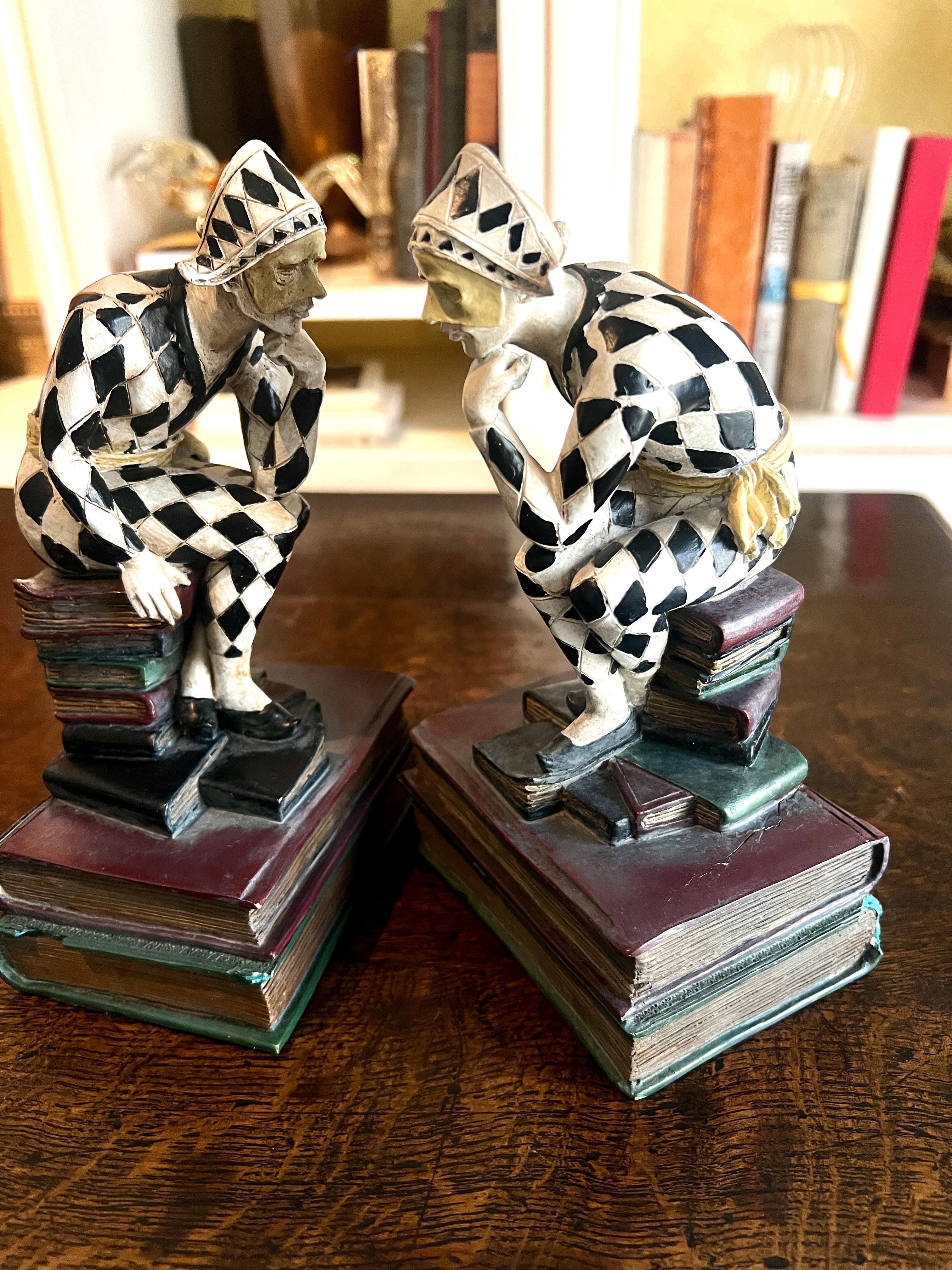 Cast Pair of French Art Deco Hand Painted Harlequin or Jester Bookends For Sale