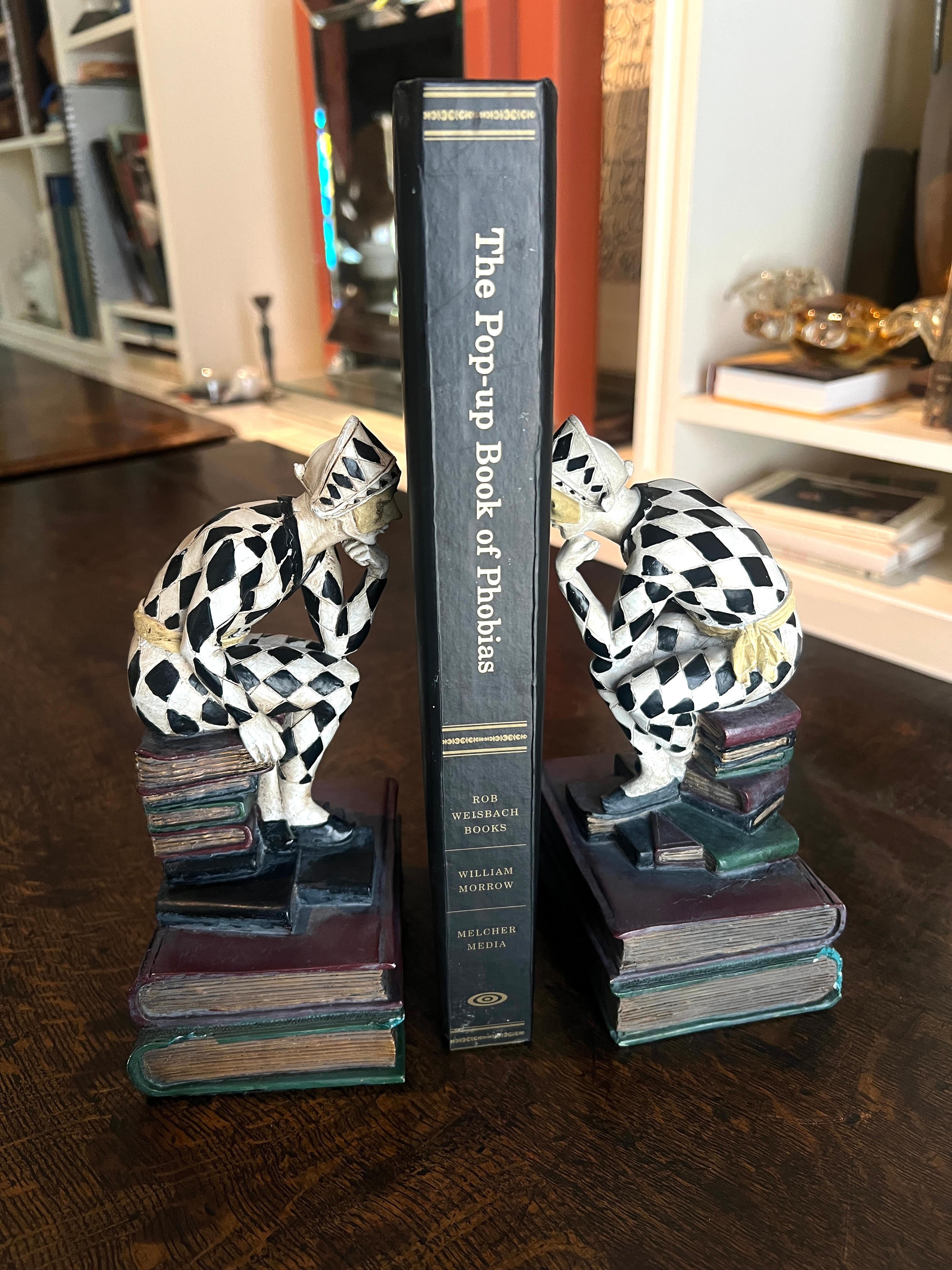 Pair of French Art Deco Hand Painted Harlequin or Jester Bookends In Good Condition For Sale In Los Angeles, CA