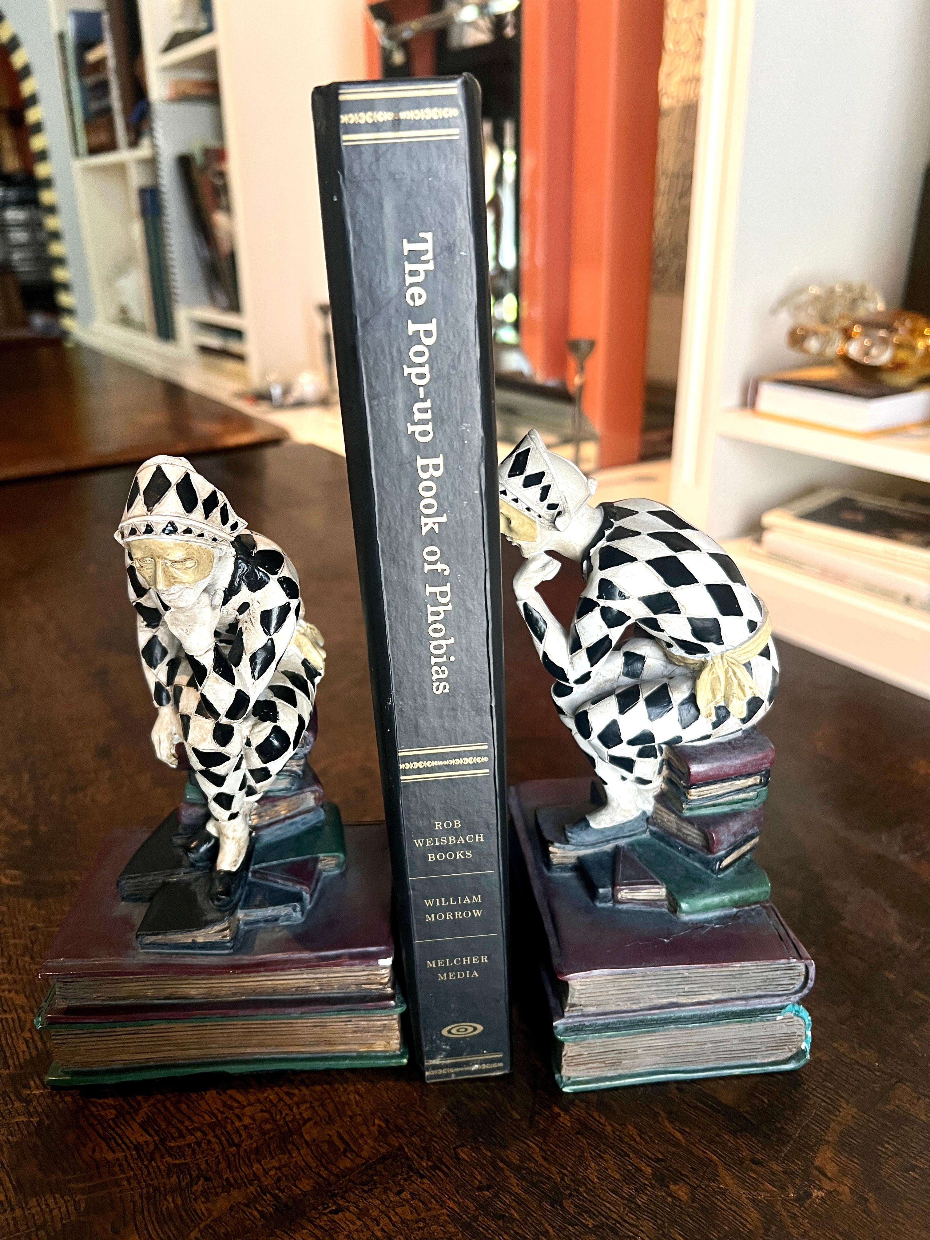 20th Century Pair of French Art Deco Hand Painted Harlequin or Jester Bookends For Sale