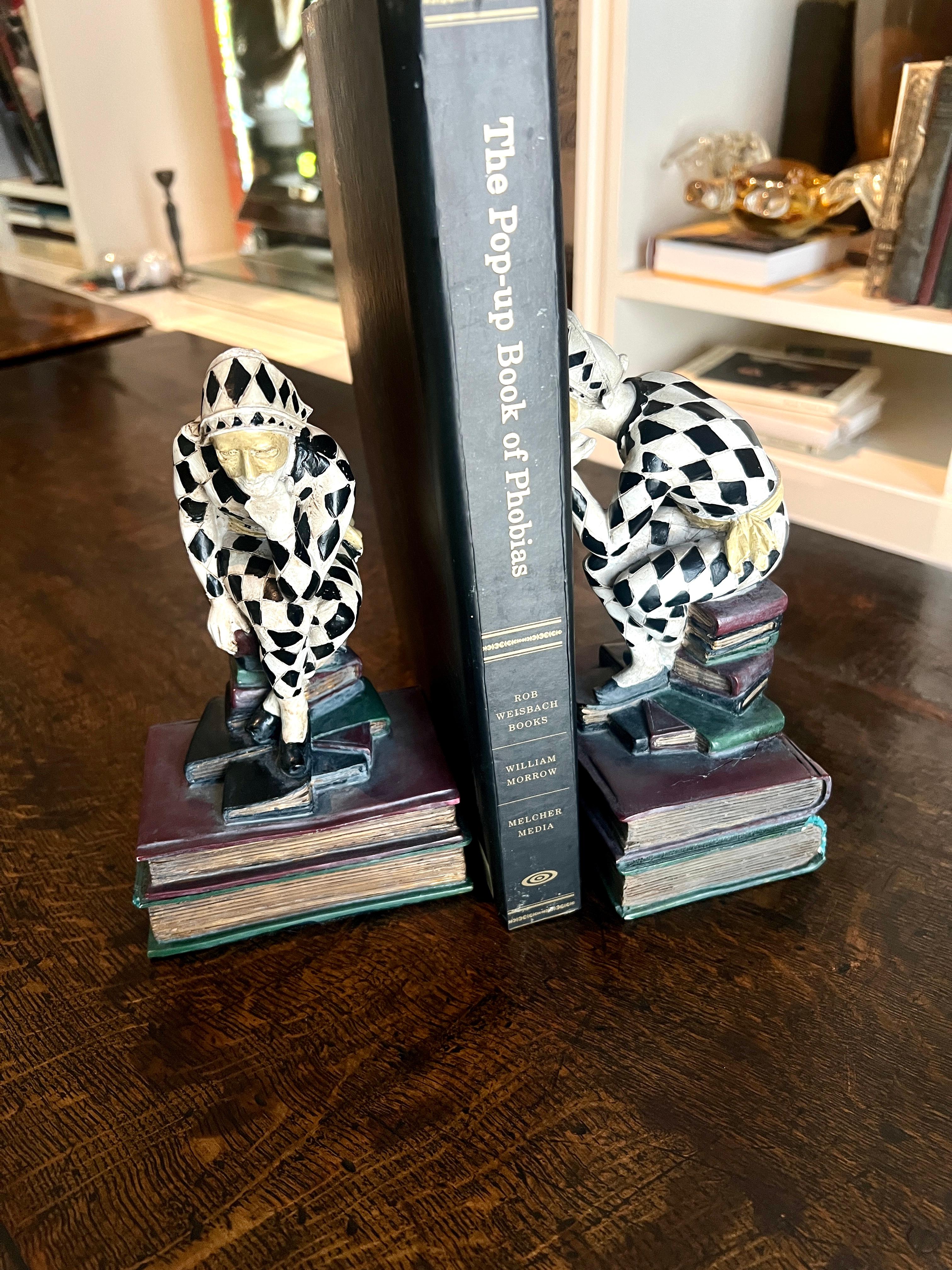 Composition Pair of French Art Deco Hand Painted Harlequin or Jester Bookends For Sale