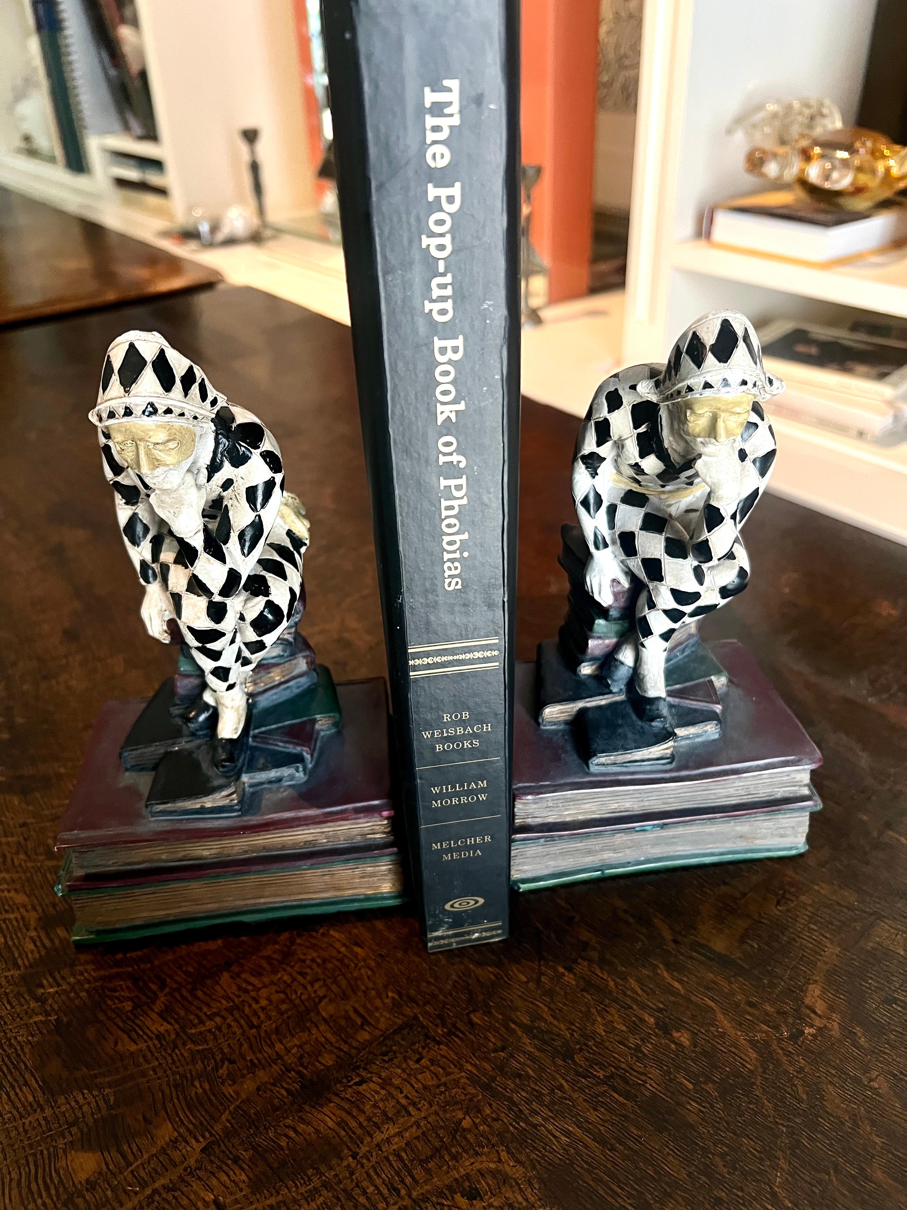 Pair of French Art Deco Hand Painted Harlequin or Jester Bookends For Sale 1