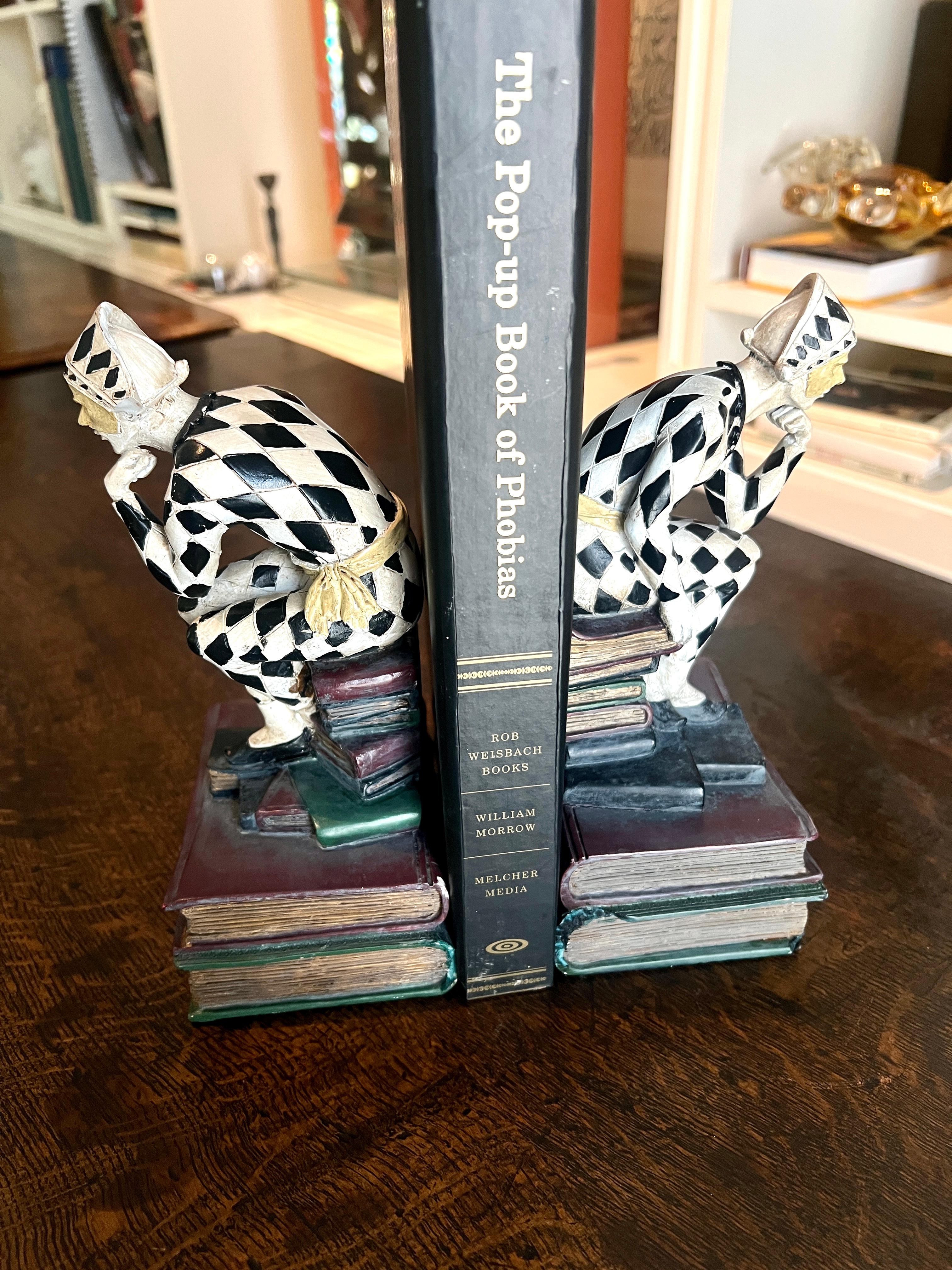Pair of French Art Deco Hand Painted Harlequin or Jester Bookends For Sale 2