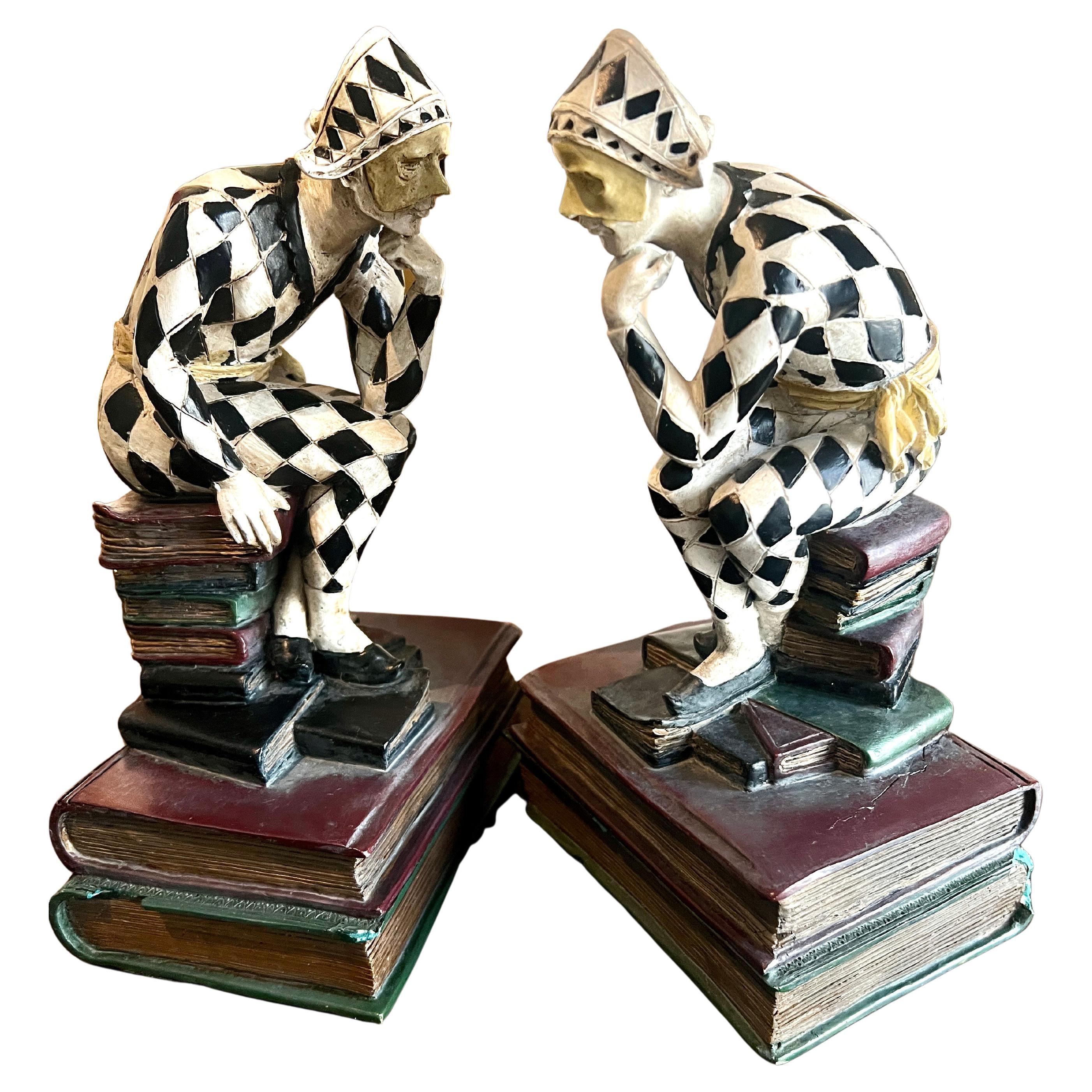 Pair of French Art Deco Hand Painted Harlequin or Jester Bookends For Sale