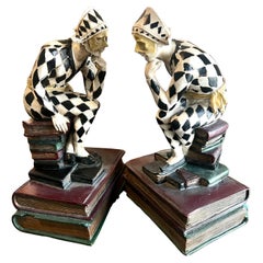 Pair of French Art Deco Hand Painted Harlequin or Jester Bookends