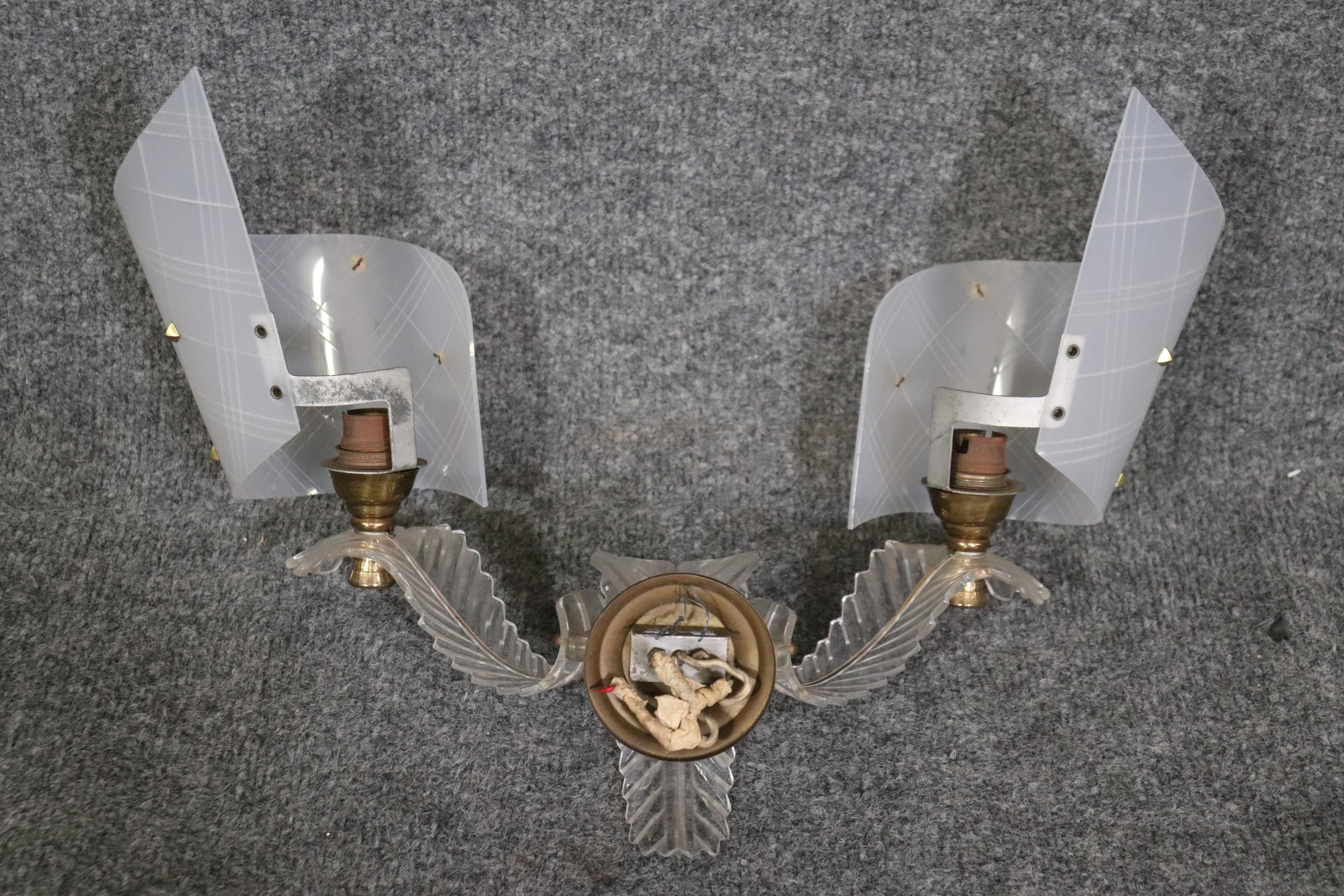 Metalwork Pair of French Art Deco Hollywood Regency Lucite and Brass Wall Sconces C. 1930s