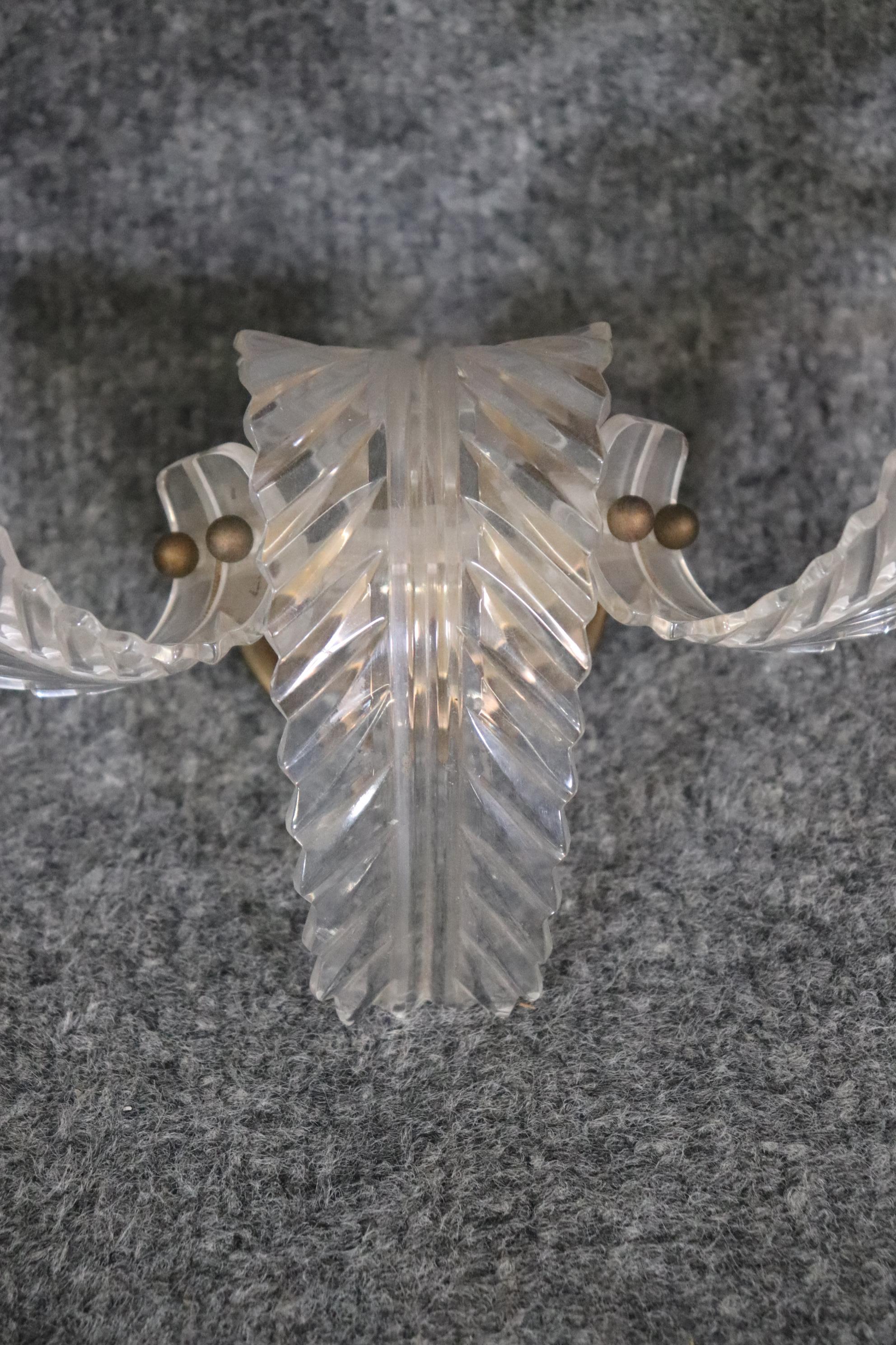 20th Century Pair of French Art Deco Hollywood Regency Lucite and Brass Wall Sconces C. 1930s