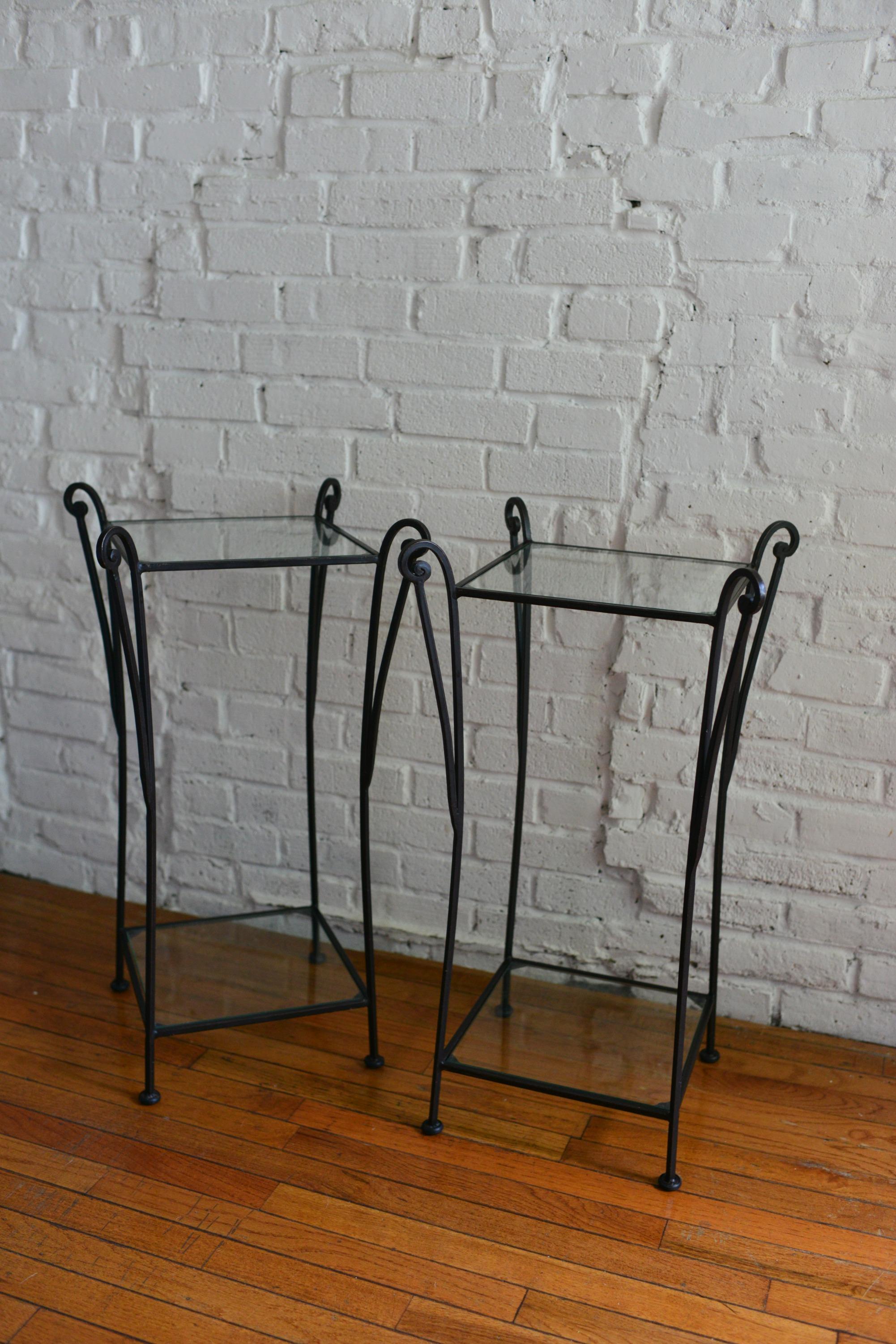 20th Century Pair of French Art Deco Inspired Iron and Glass Side Tables