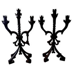 Pair of French Art Deco Iron Candleholders or Lamps Attributed to Charles Piguet