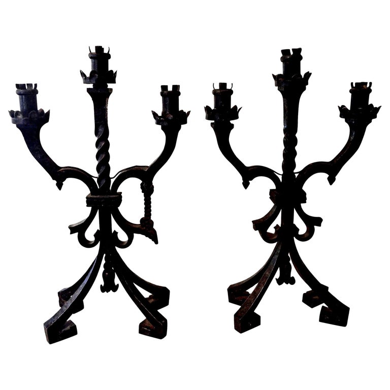 Pair of French Art Deco Iron Candleholders or Lamps Attributed to Charles Piguet For Sale