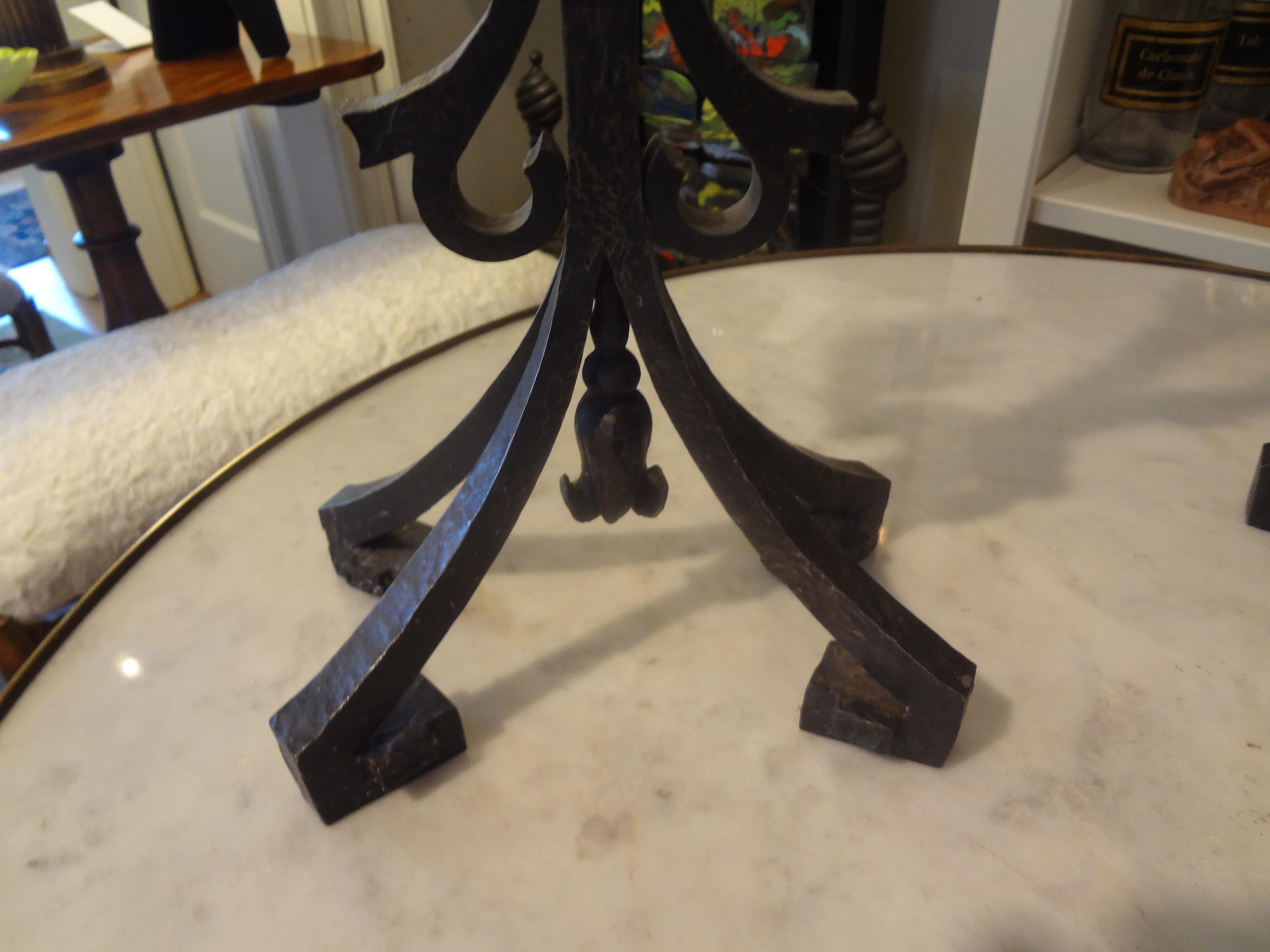 Early 20th Century Pair of French Art Deco Iron Candleholders or Lamps Attributed to Charles Piguet