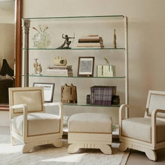 Pair of French Art Deco Ivory Velvet Armchairs + Ottoman, 1940s