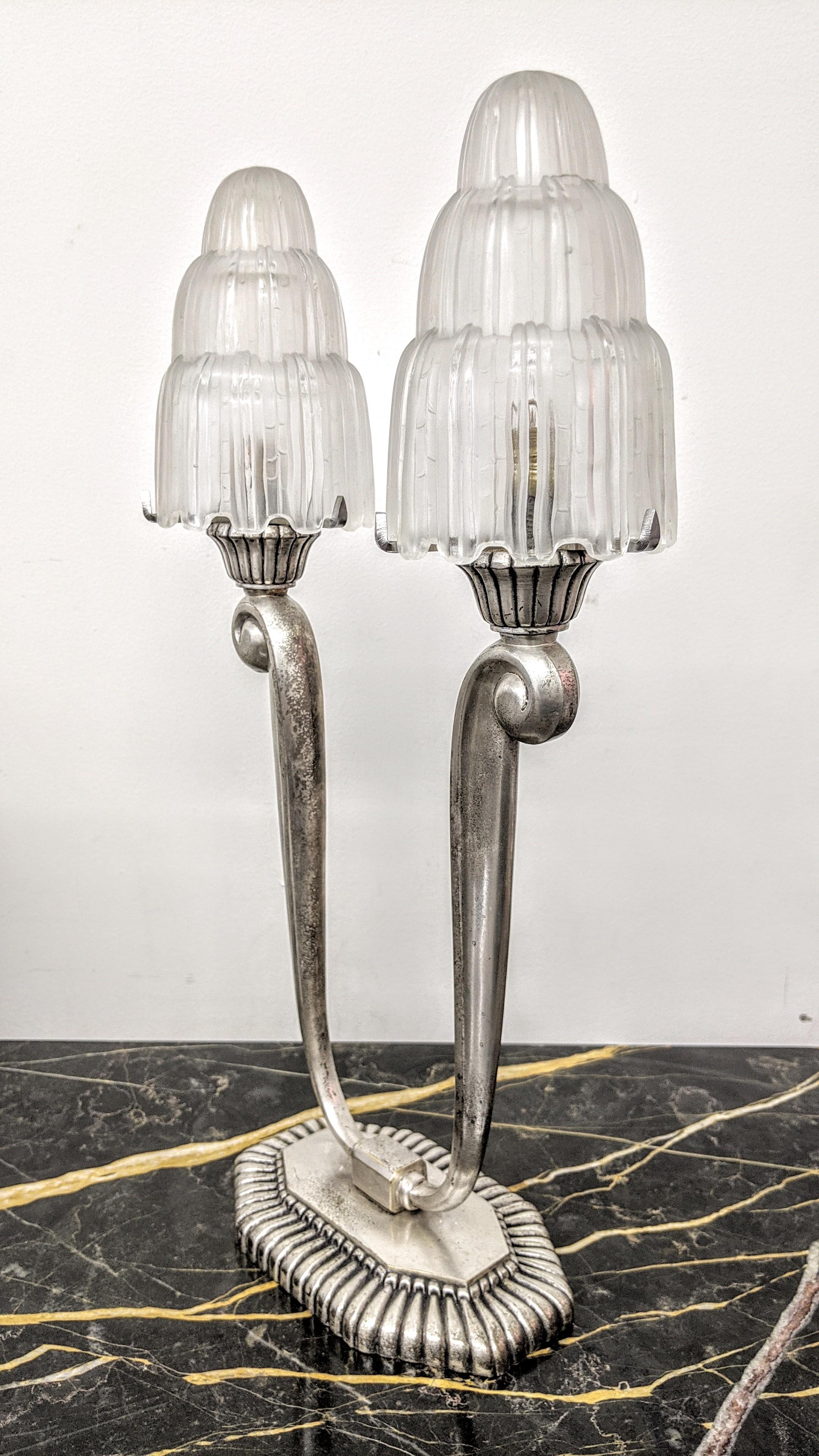 Cast Pair of French Art Deco Lamps by Sabino & Capon For Sale