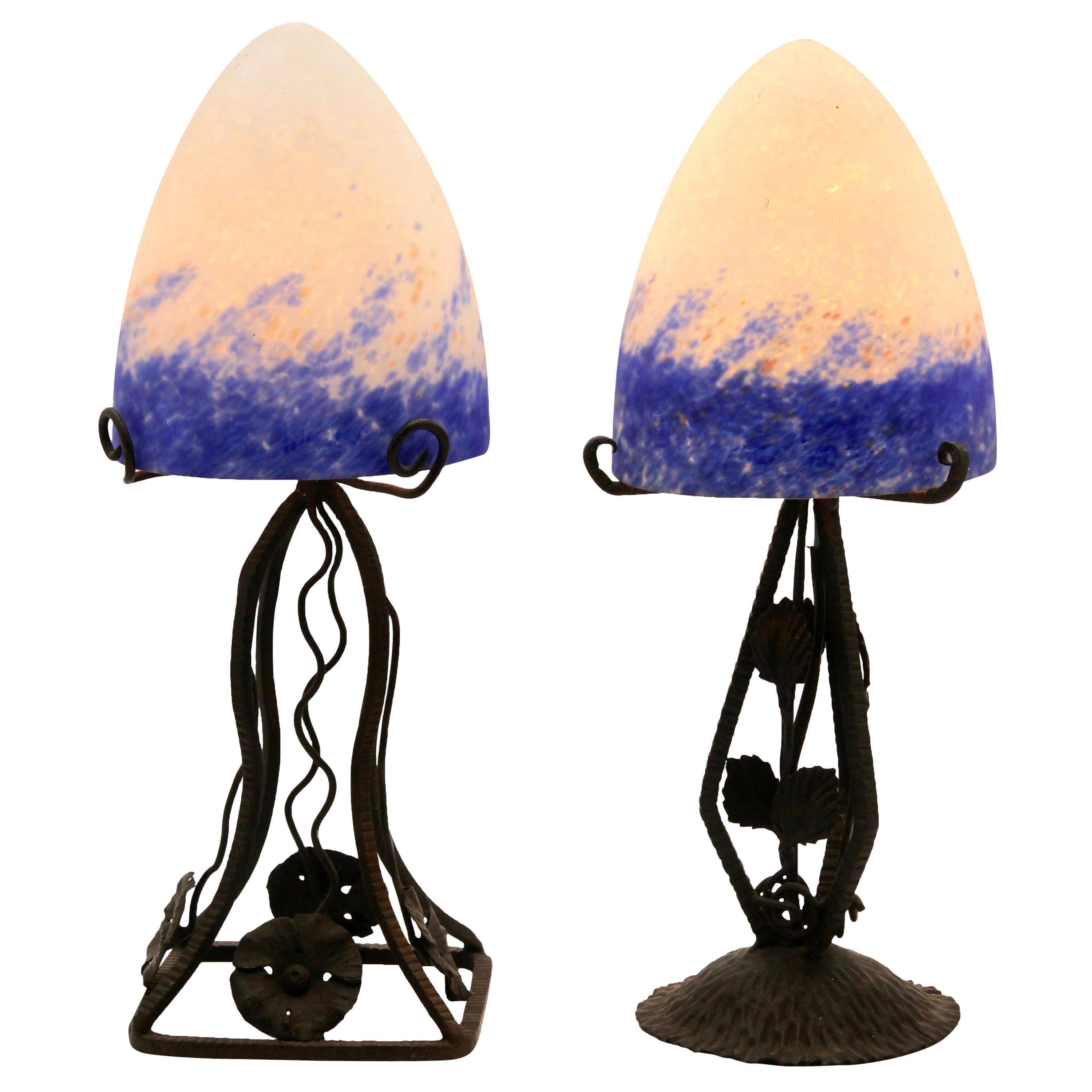 Pair of French Art Deco Lamps in Wrought Iron with Colored Glass Shades Signed
