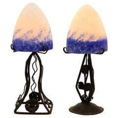 Pair of French Art Deco Lamps in Wrought Iron with Colored Glass Shades Signed