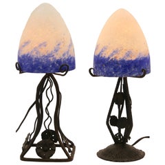 Pair of French Art Deco Lamps in Wrought Iron with Colored Glass Shades Signed