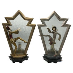 Pair of French Art Deco Lamps with Stage Figures by Roland Paris