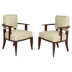Pair Of French Art Deco Leather and Macassar Ebony Chairs