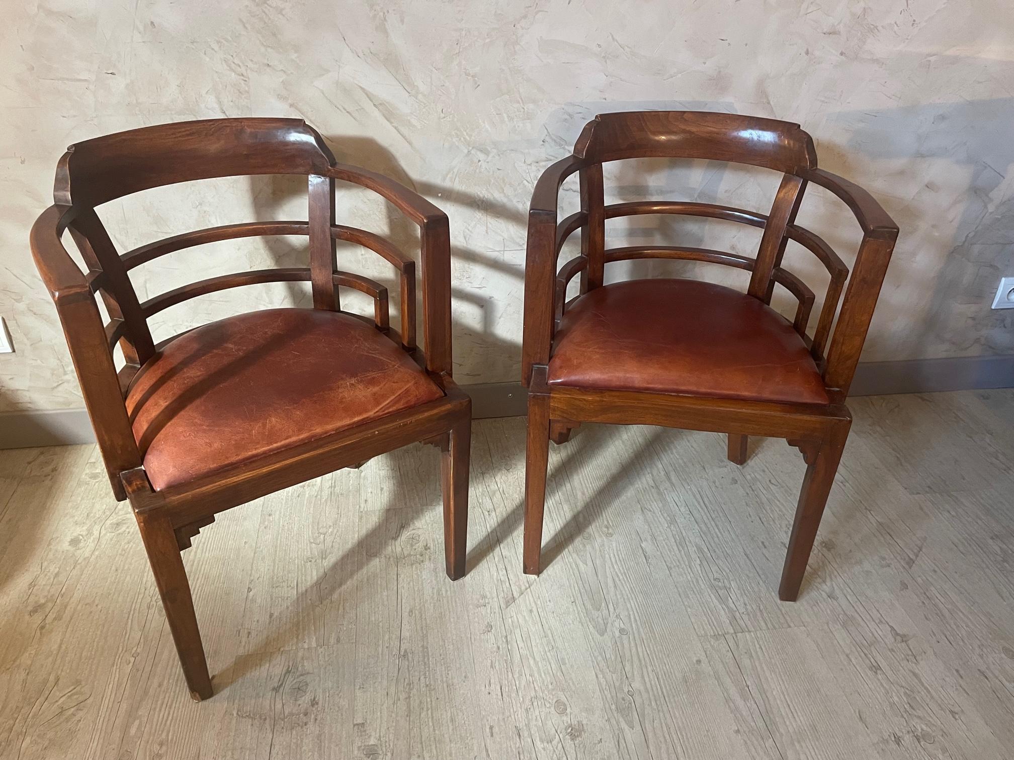 Pair of French Art Deco Leather Armchair, 1930s 3