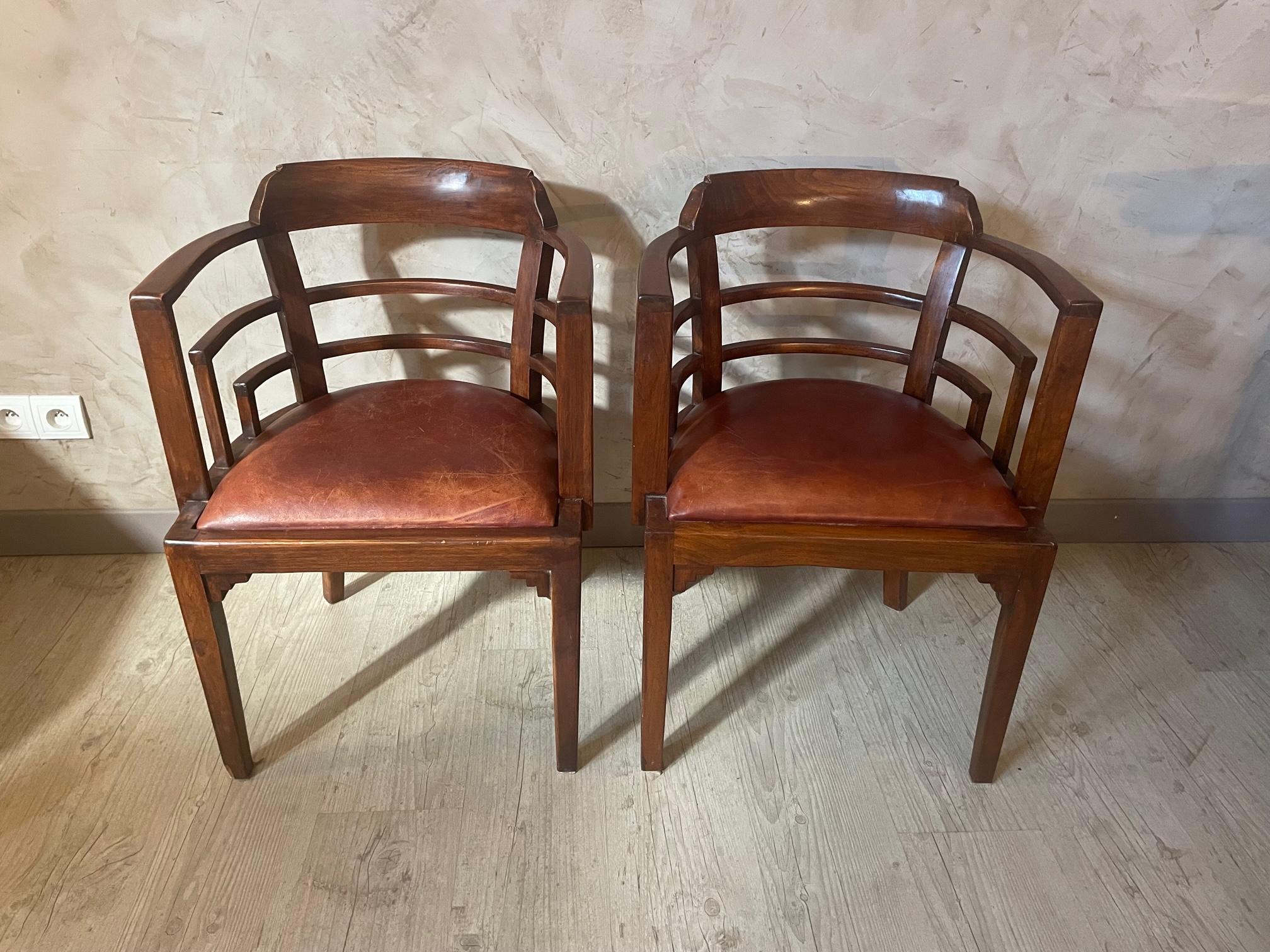Pair of French Art Deco Leather Armchair, 1930s 4