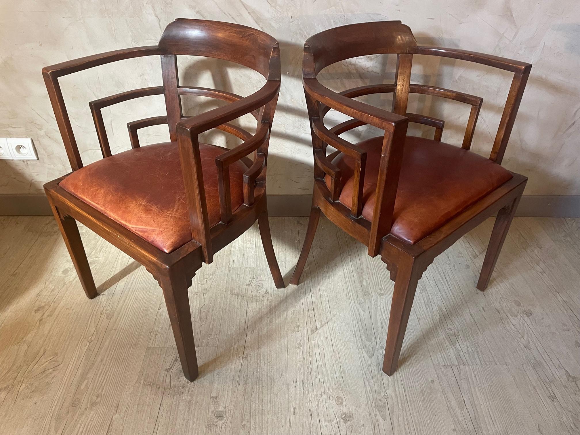 Pair of French Art Deco Leather Armchair, 1930s 5