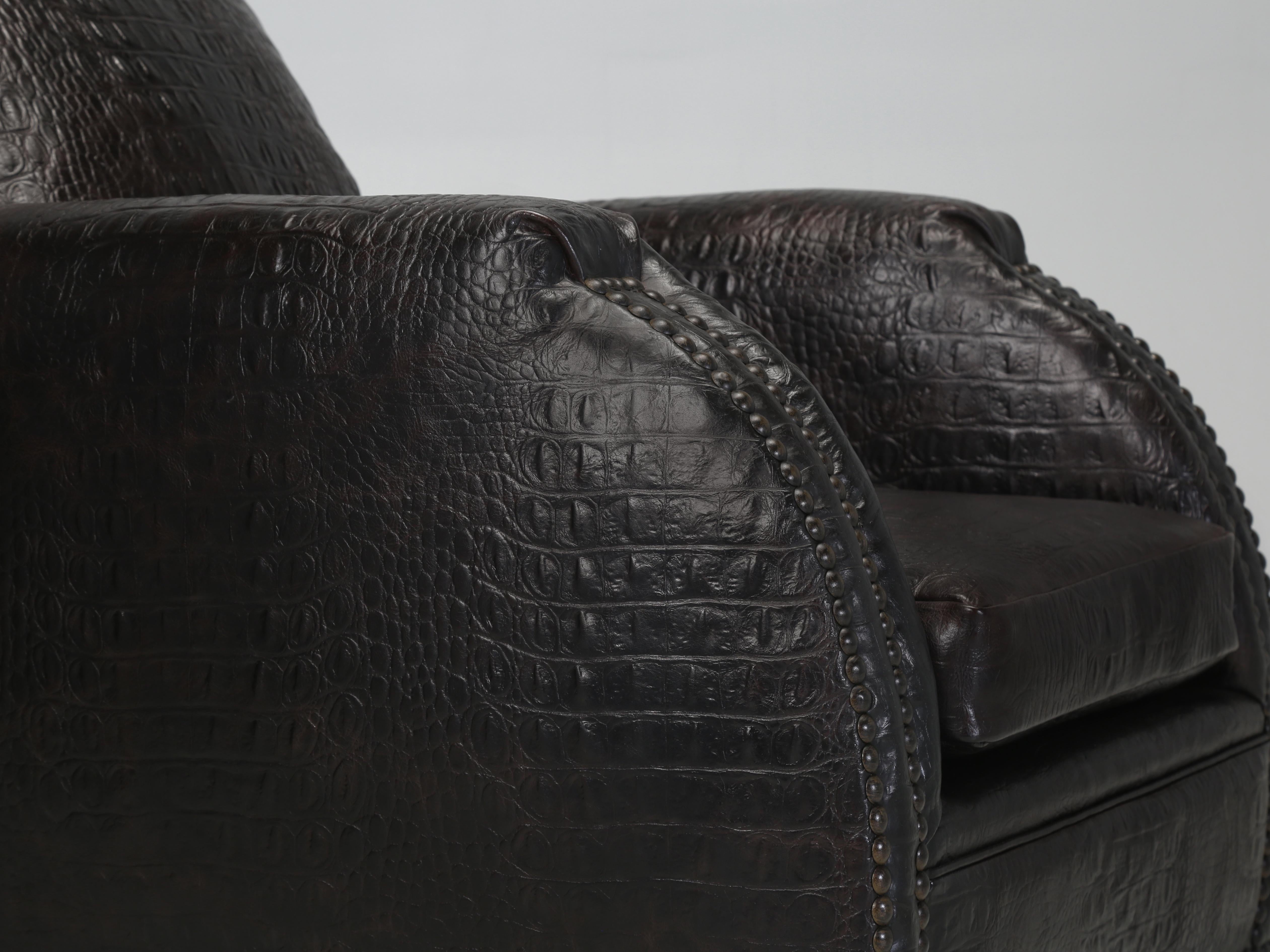 Pair of French Art Deco Leather Club Chairs covered in a Faux Crocodile Leather. For Sale 6