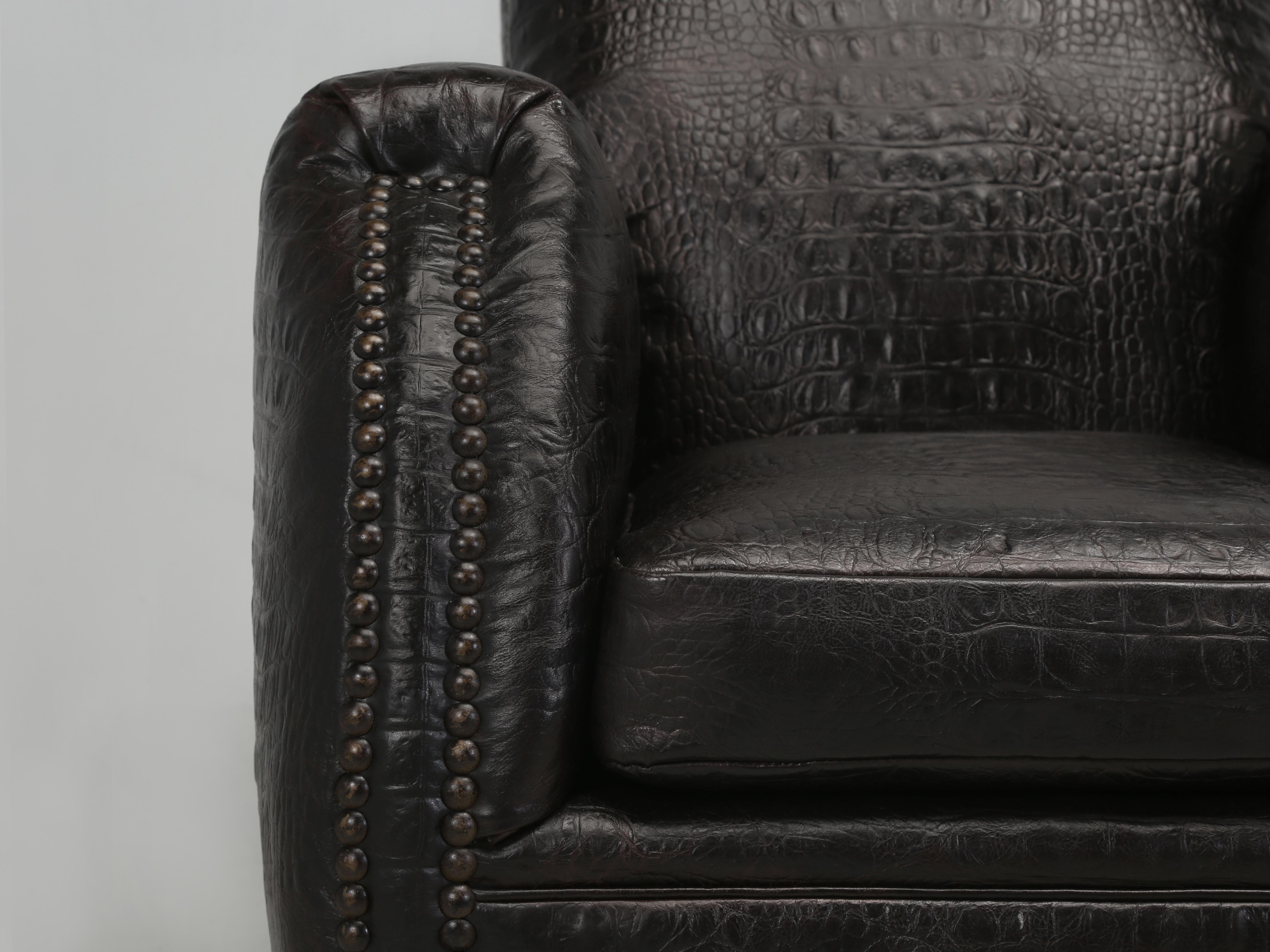 Pair of French Art Deco Leather Club Chairs covered in a Faux Crocodile Leather. For Sale 7