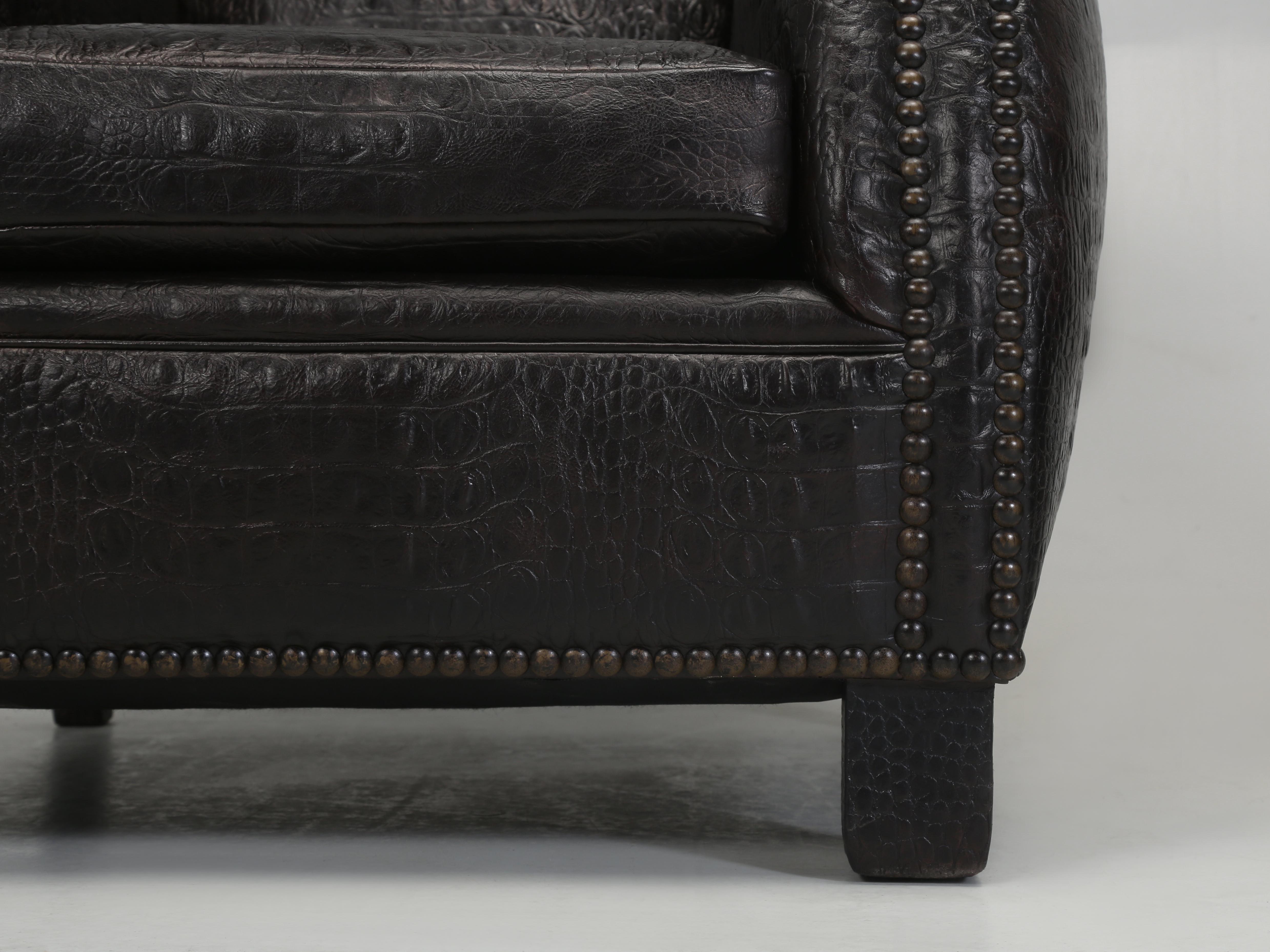 Pair of French Art Deco Leather Club Chairs covered in a Faux Crocodile Leather. For Sale 8