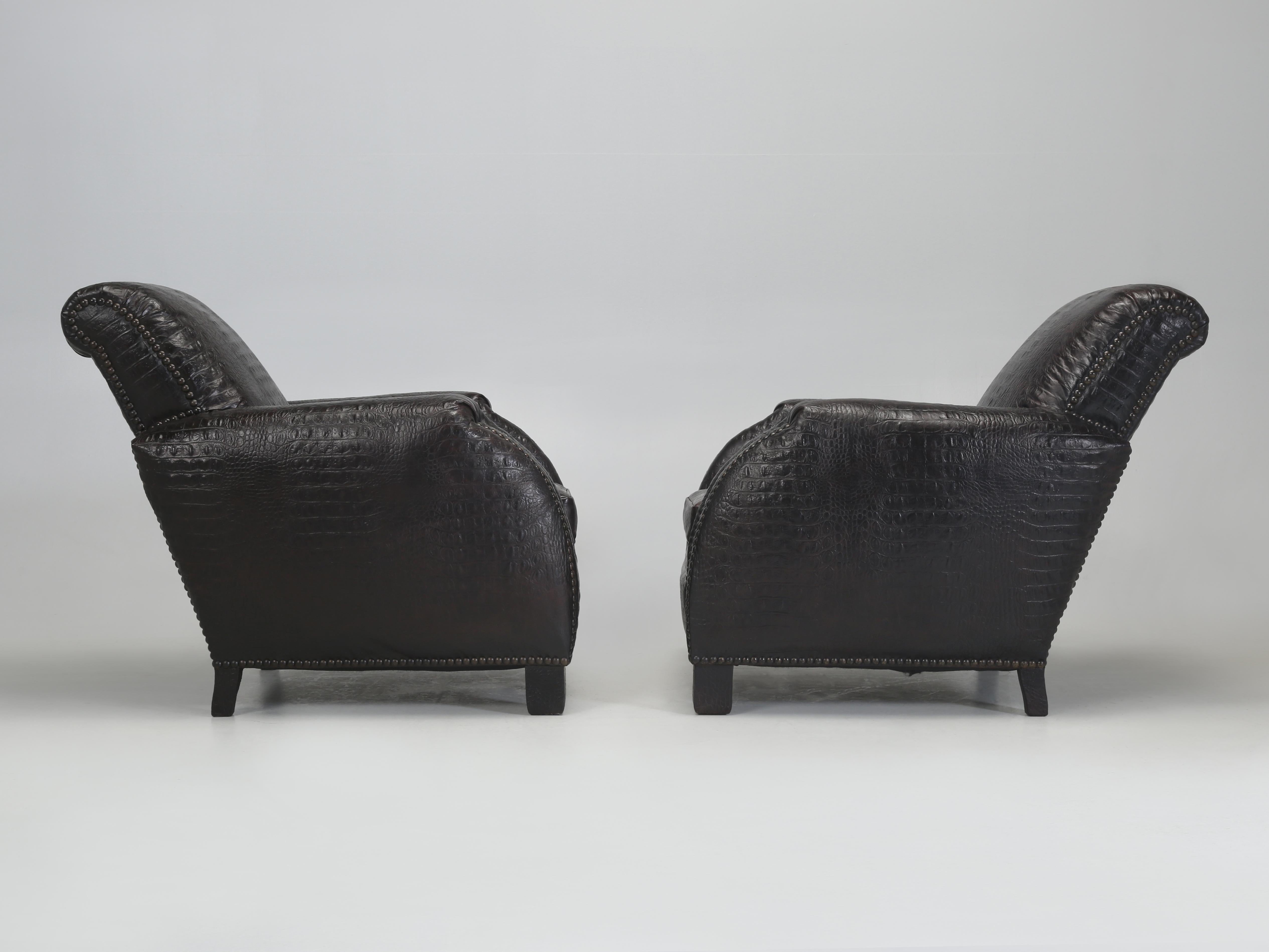 Pair of French Art Deco Leather Club Chairs covered in a Faux Crocodile Leather. For Sale 10