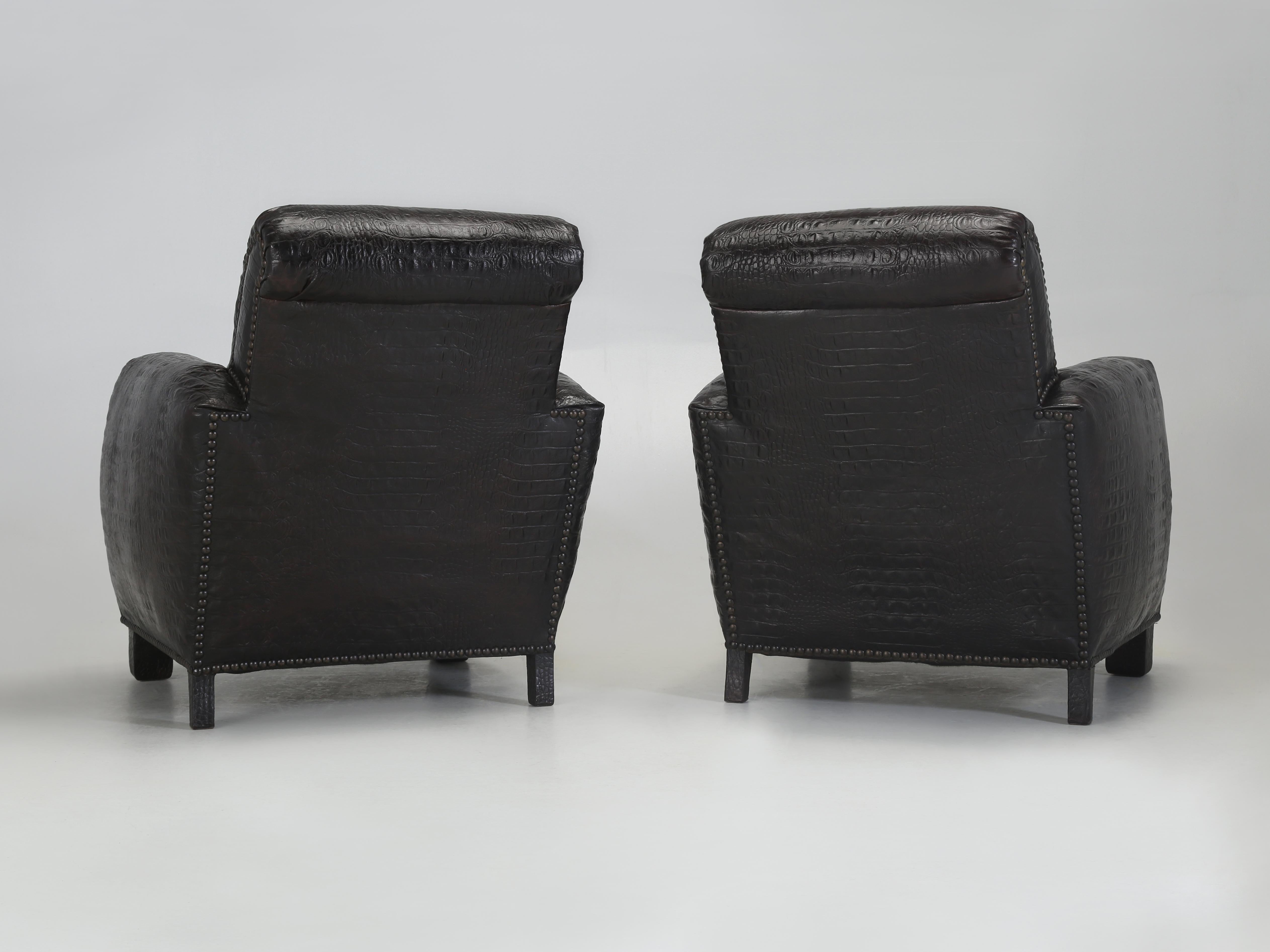 Pair of French Art Deco Leather Club Chairs covered in a Faux Crocodile Leather. For Sale 11