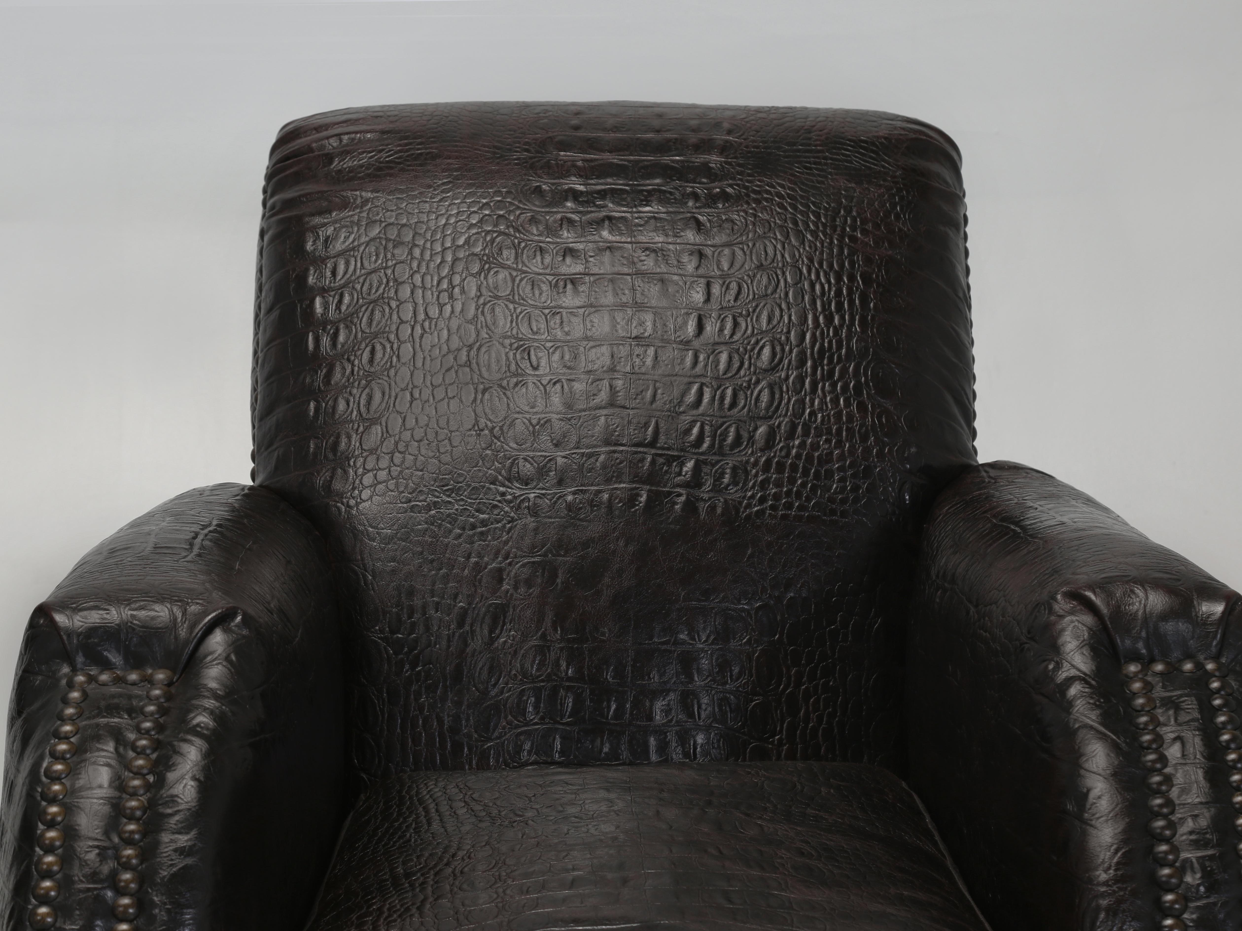 Embossed Pair of French Art Deco Leather Club Chairs covered in a Faux Crocodile Leather. For Sale