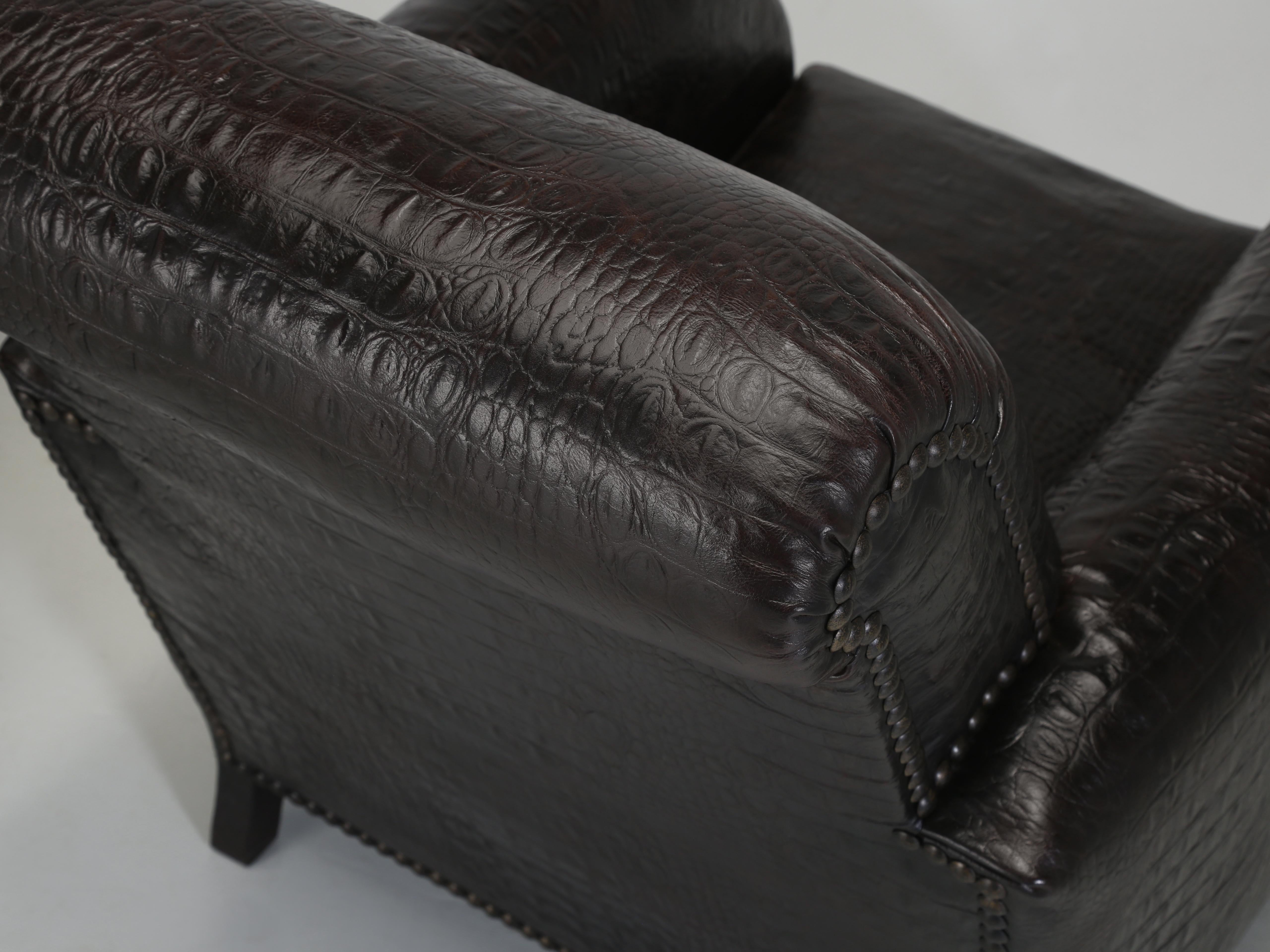 Pair of French Art Deco Leather Club Chairs covered in a Faux Crocodile Leather. For Sale 1