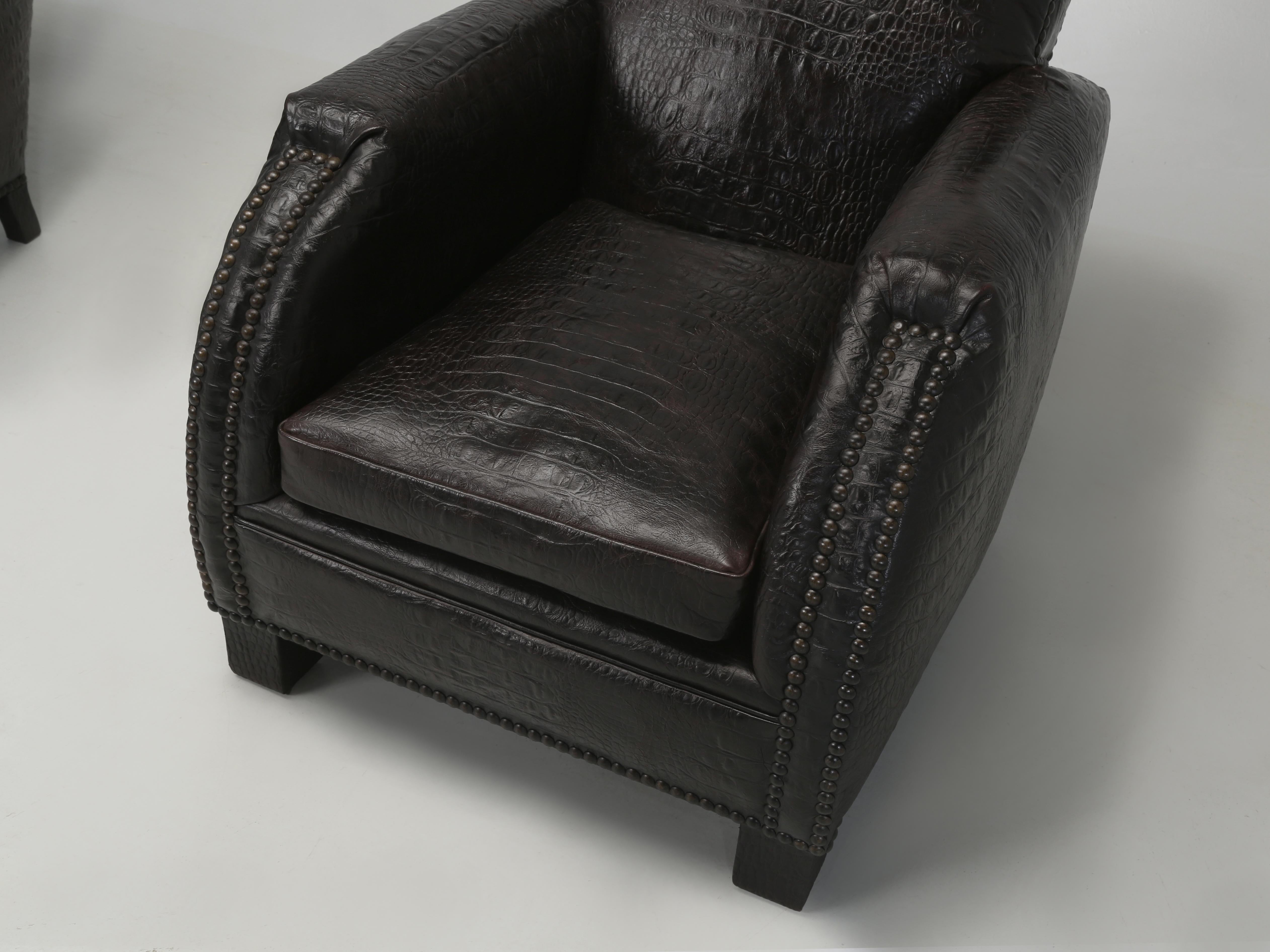 Pair of French Art Deco Leather Club Chairs covered in a Faux Crocodile Leather. For Sale 2