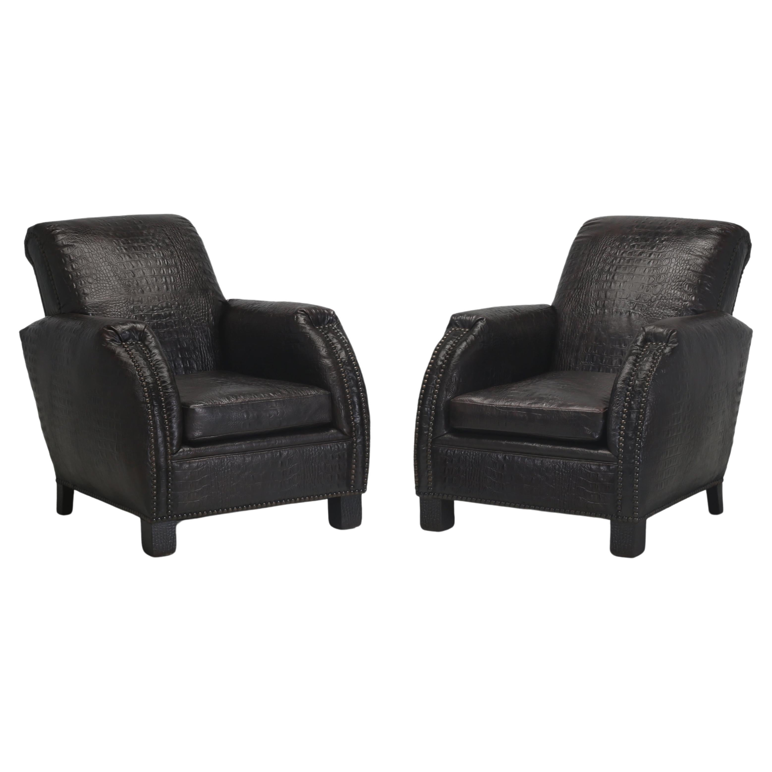 Pair of French Art Deco Leather Club Chairs covered in a Faux Crocodile Leather.
