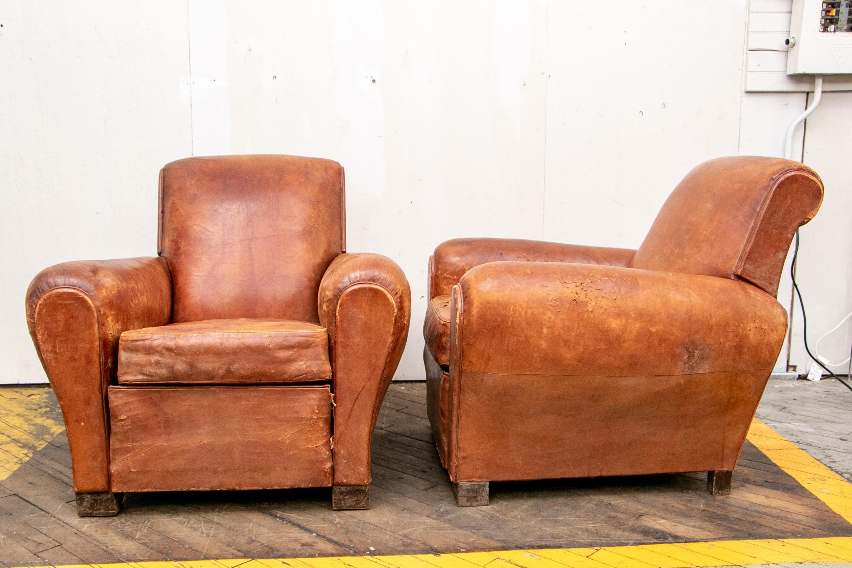 Pair of French Art Deco Leather Club Chairs 11