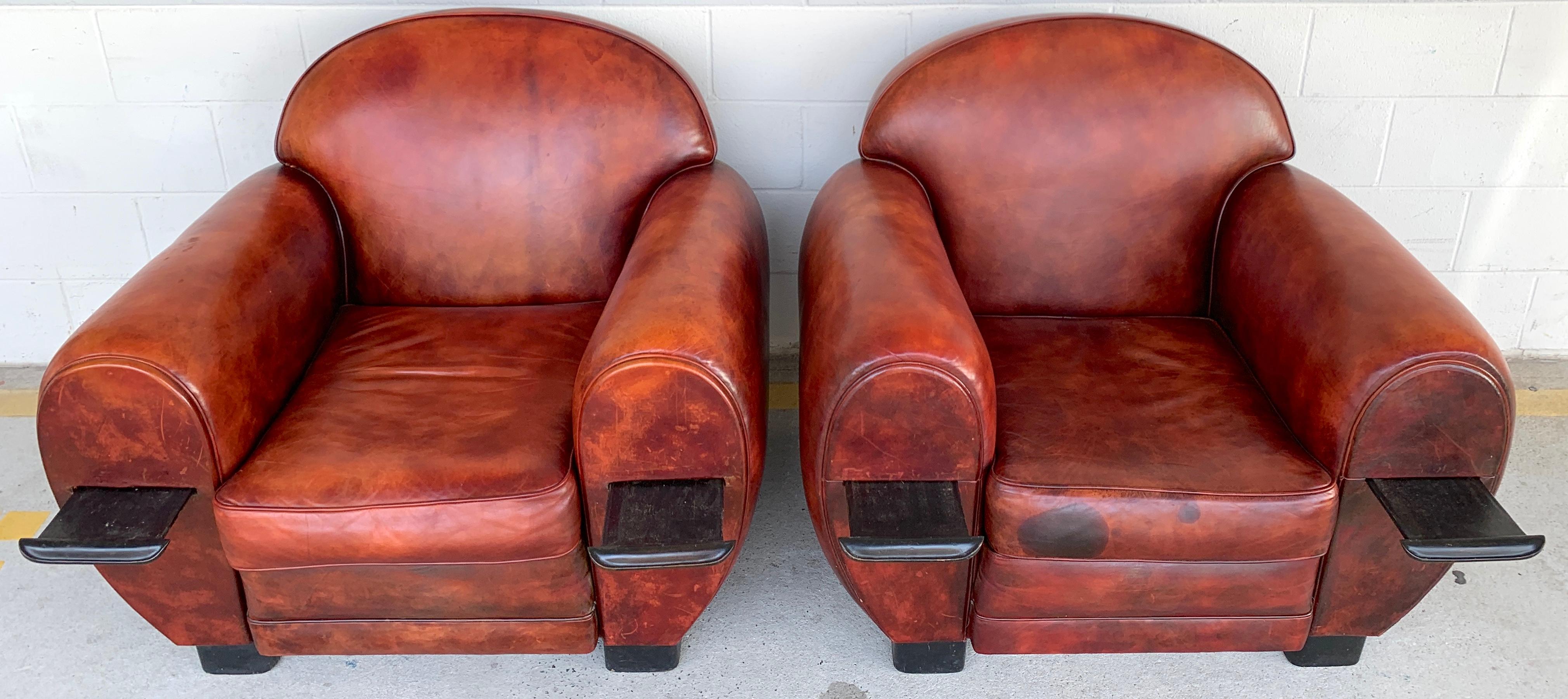 Pair of French Art Deco Leather Club Chairs In Good Condition For Sale In Atlanta, GA