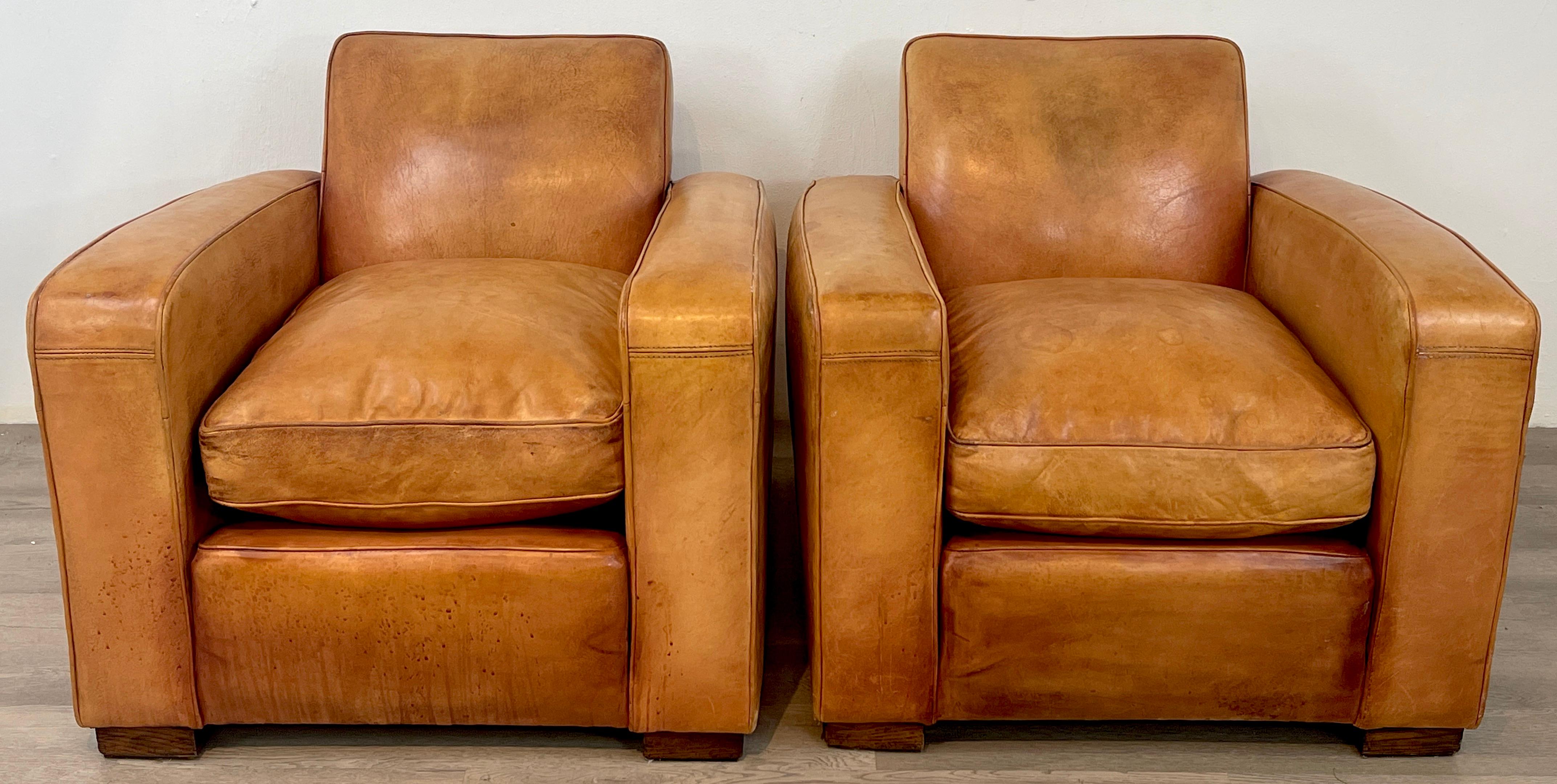 Pair of French Art Deco Leather Club Chairs In Good Condition In Atlanta, GA