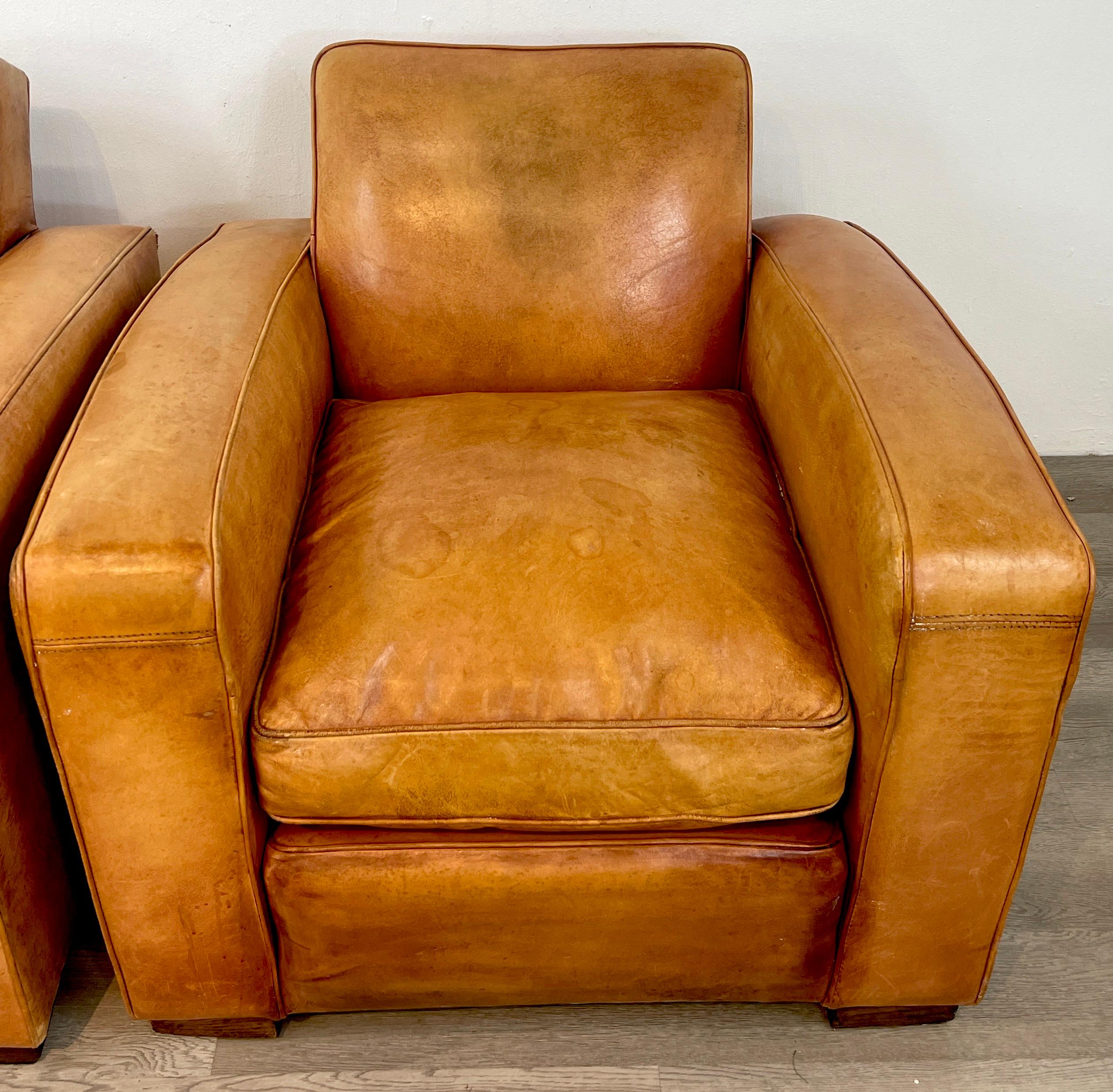 20th Century Pair of French Art Deco Leather Club Chairs