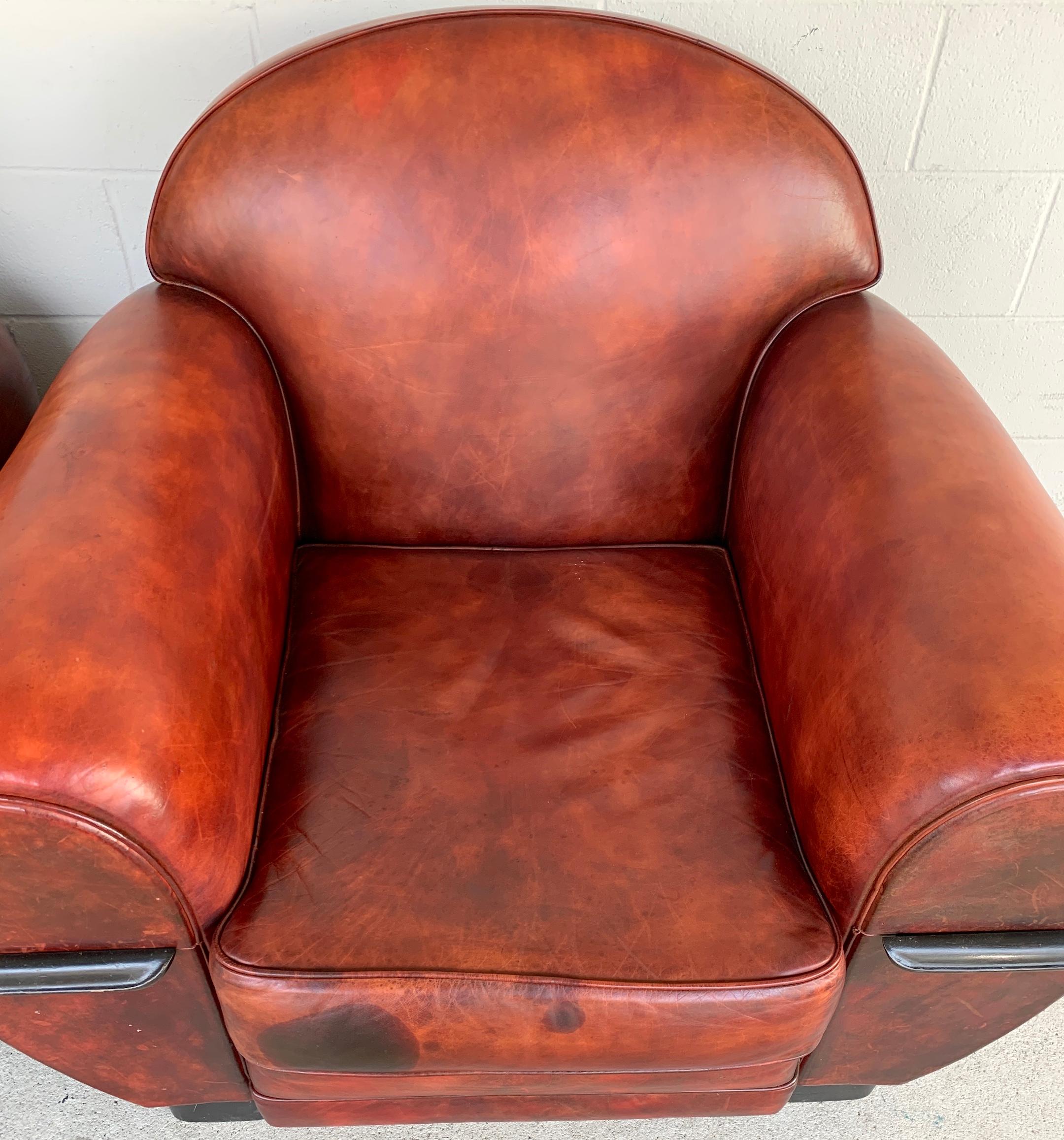 Pair of French Art Deco Leather Club Chairs For Sale 1