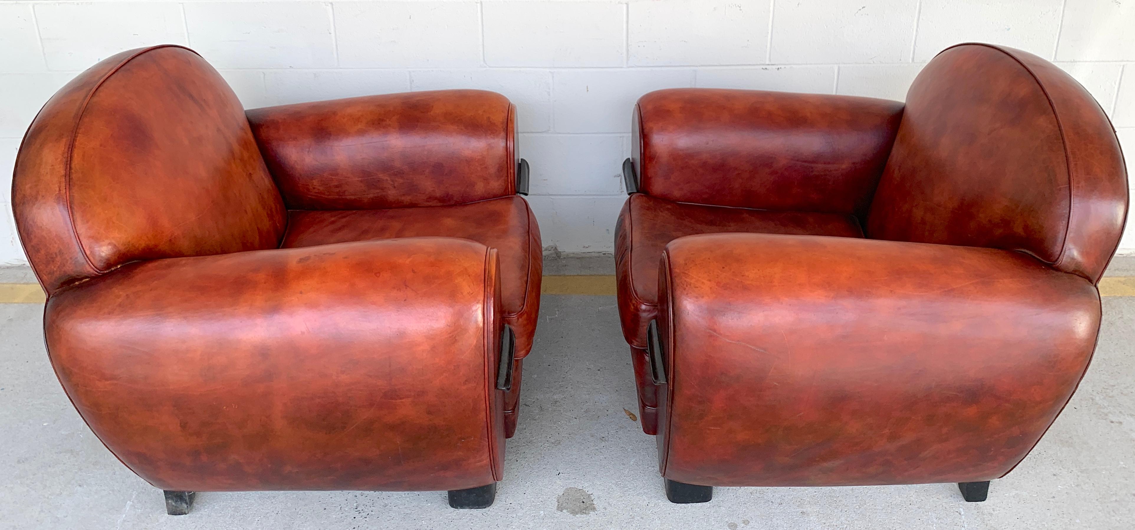 Pair of French Art Deco Leather Club Chairs For Sale 2