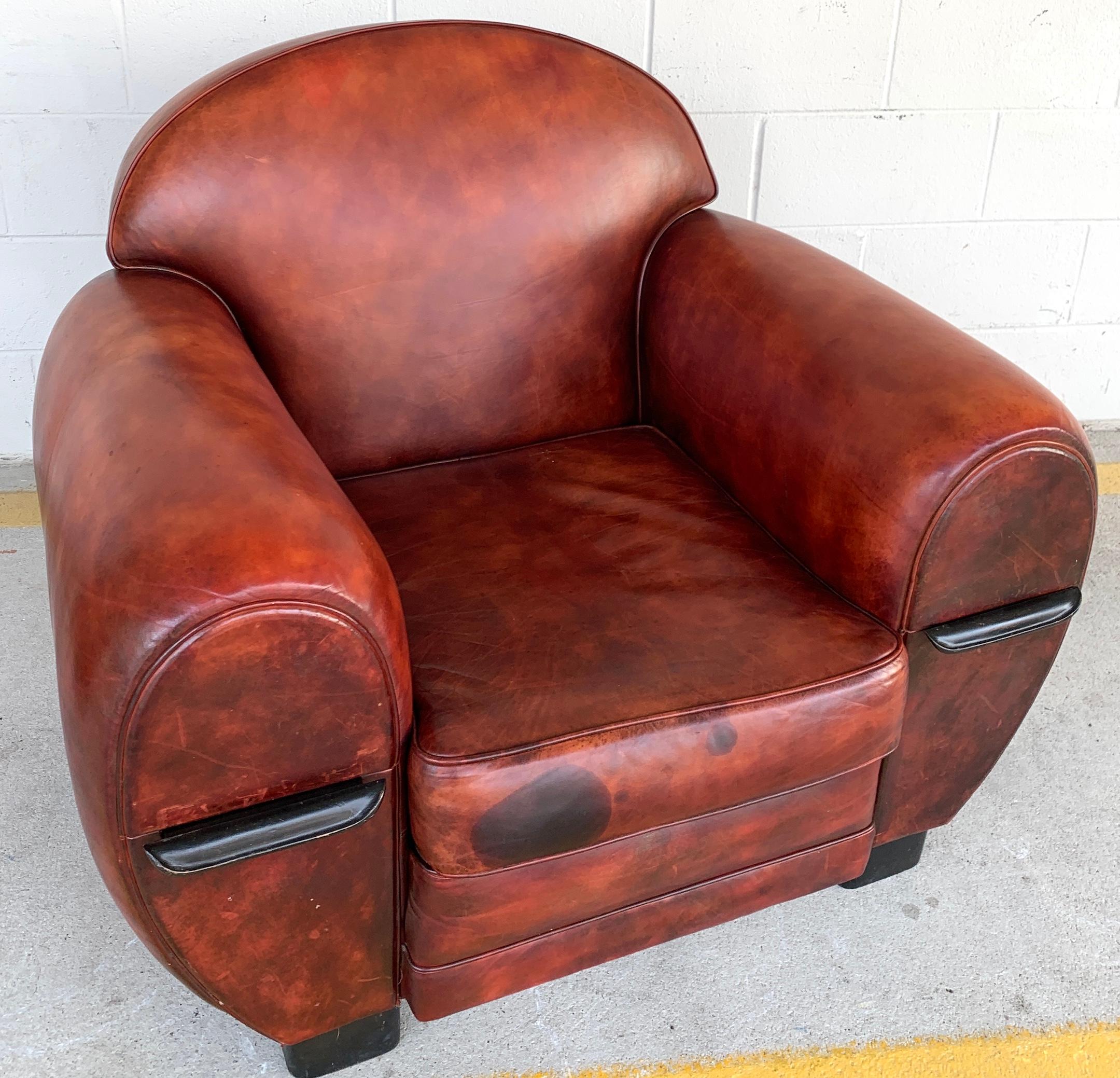 Pair of French Art Deco Leather Club Chairs For Sale 5