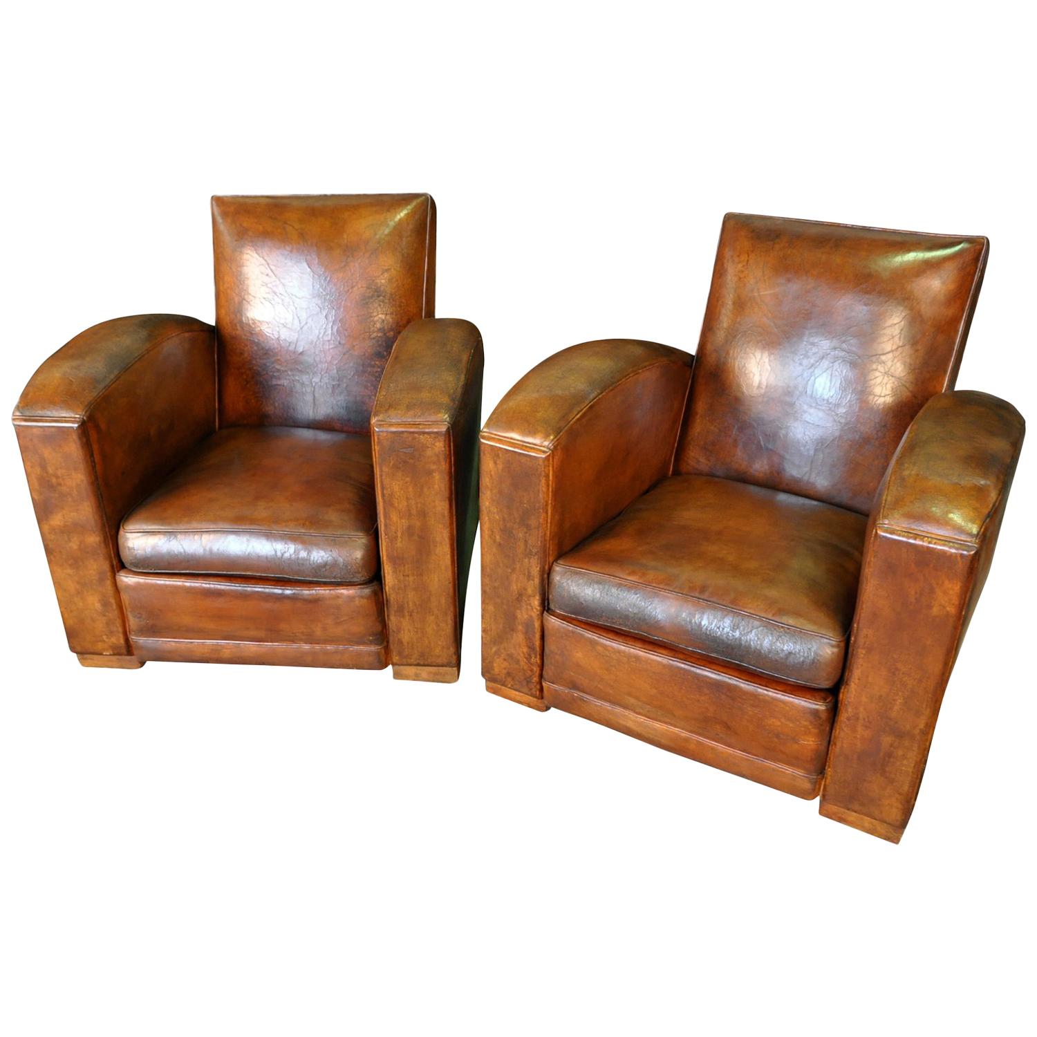 Pair of French Art Deco Leather Club Chairs
